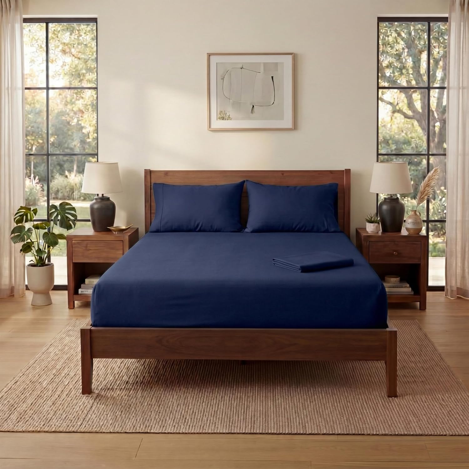 Queen Size Sheets Set, 4-Piece Premium Egyptian Long-Staple 100% Cotton Bedding Set, Single-Ply Luxury Sateen Weave Hotel Quality Sheets, Soft & Breathable, 15” Deep Pockets, Navy Blue