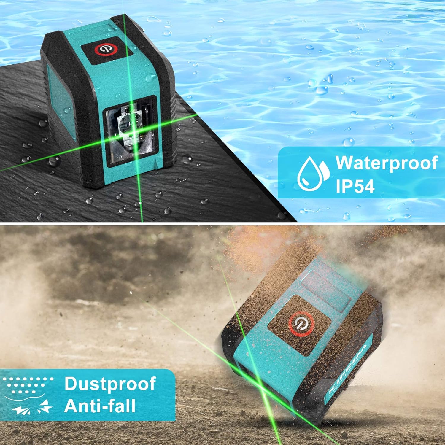 Kiprim LV1D Laser Level in Manual Slash Mode, projecting angled laser lines up a staircase.