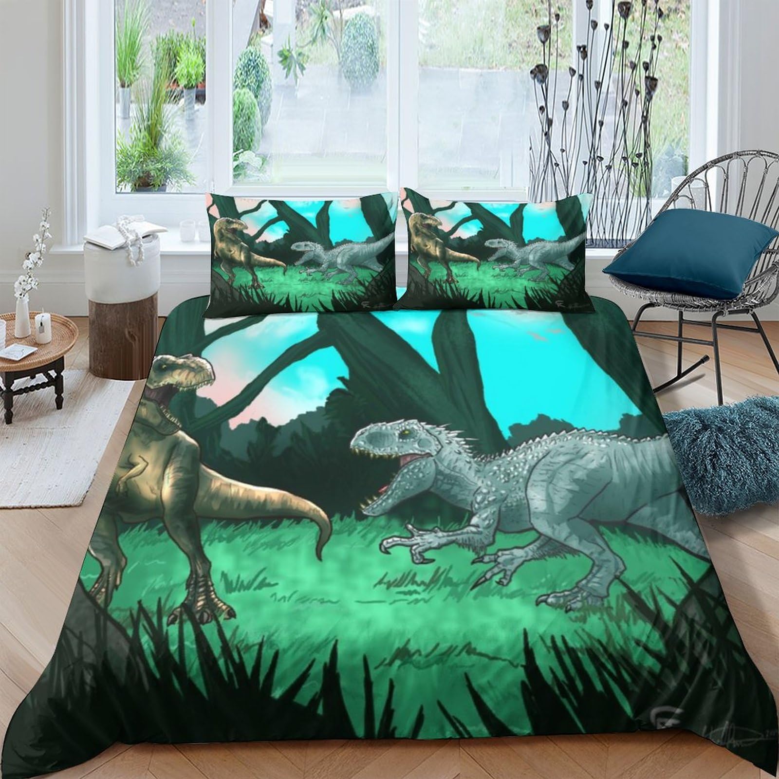 losolese Dinosaurs for Boys Girls Bedding Set Duvet Cover 3D Printed with Zipper Closure Jurassic Quilt Cover Soft Microfiber Bedding Comforter Cover Set with Pillowcases Double（200x200cm）