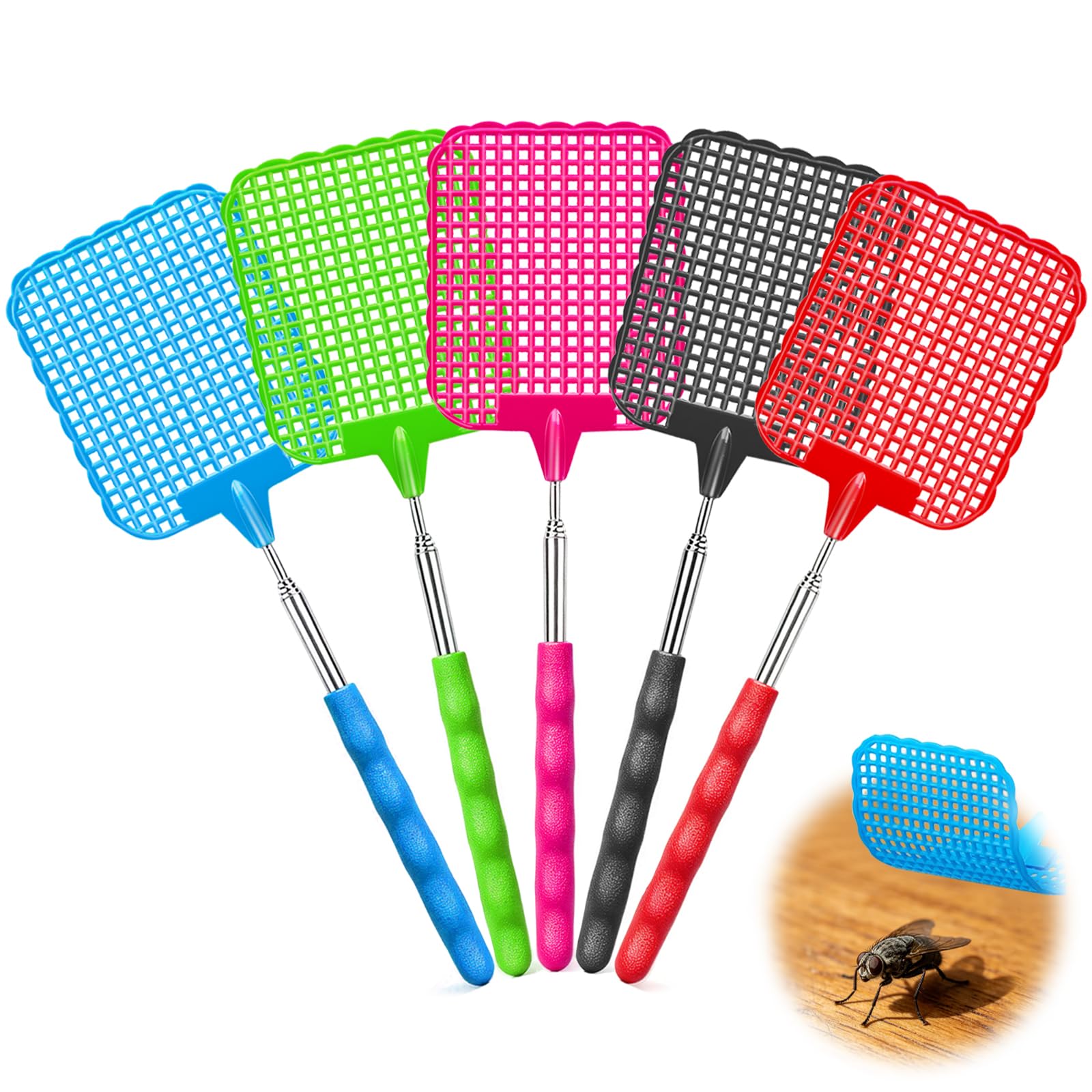 5 Pack Extendable Fly Swatters, Fly Swatters Plastic Strong Fly Killer, Extendable Telescopic Fly Swatter with Stainless Steel, Colorful Fly Zapper Racket for Indoor Outdoor Mosquito Wasp Bug Insect