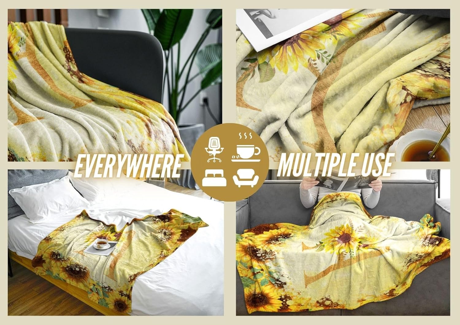 InnoBeta Sunflower Initial Birthday Gifts for Women, Gift Ideas for Her, for Mom, Grandma, Aunt- 300gsm Flannel Blanket- 50"x 65"-C - Image 4