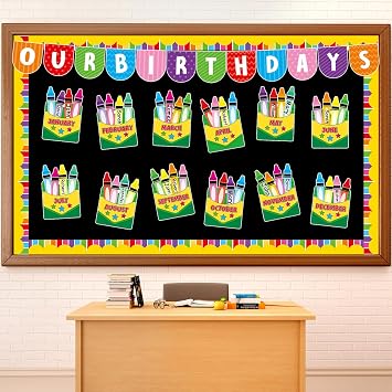 Justforjoyful Birthday Bulletin Board Classroom Decorations Crayon Box Cutouts Colorful Crayon Name Tags Decoration for Wall Chalkboard Decors Preschool Classroom Decor Teacher Back to School Supplies