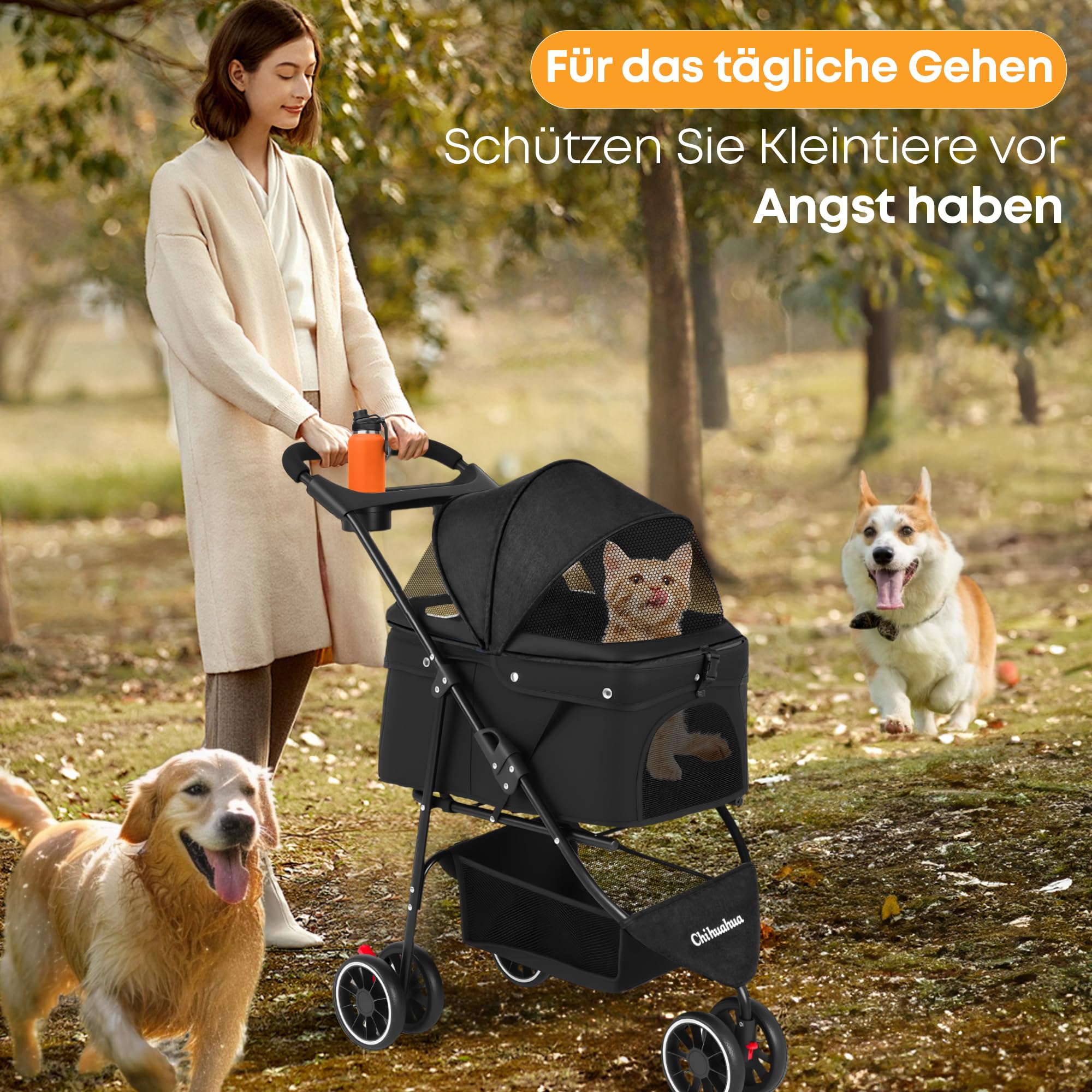 Chihuahua Hundewagen Faltbarer Hundekinderwagen Katzentransportbox für kleine und mittelgroße Hunde mit Netzfenster Schwarz