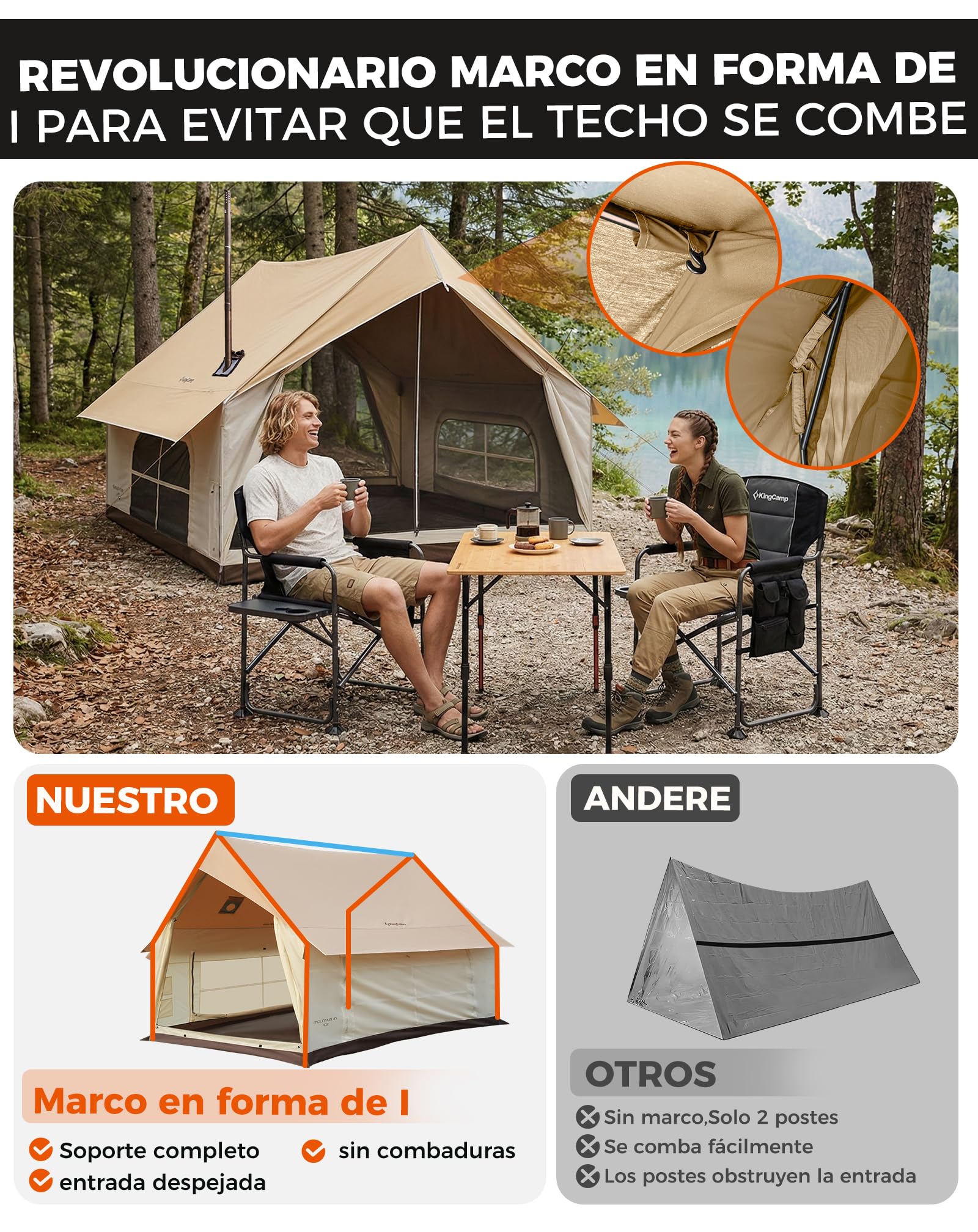 KingCamp 4-5 Personas Tienda,8 m² Tienda Casa con Abertura para Chimenea & AC – 210g TC Tienda Impermeable, 2 Puertas 4 Ventanas, con Tejido Ignífugo, para Camping Familiar, Glamping Festivales
