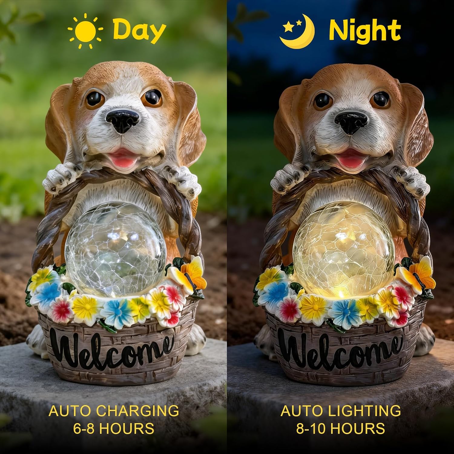 Solar Dog Garden Statues Decor with Flower Waterproof Figurine Resin Sculpture Gift for Mom Grandma, Outdoor Decorations for Porch Patio Lawn Yard Home House Gardening Birthday Housewarming (Dog)