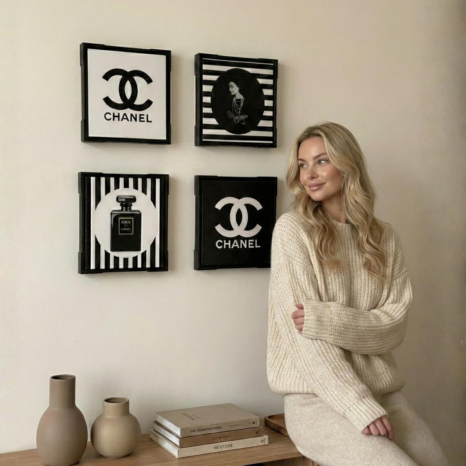 PROBENEX Glam Wall Art Set of 4 – Real Wood Black & White Fashion Decor with Glitter Finish, Hang or Tabletop Stand, 8x8 Inch Small Framed Artwork for Bedroom Vanity Dressing Room, Pink Gift Packaging