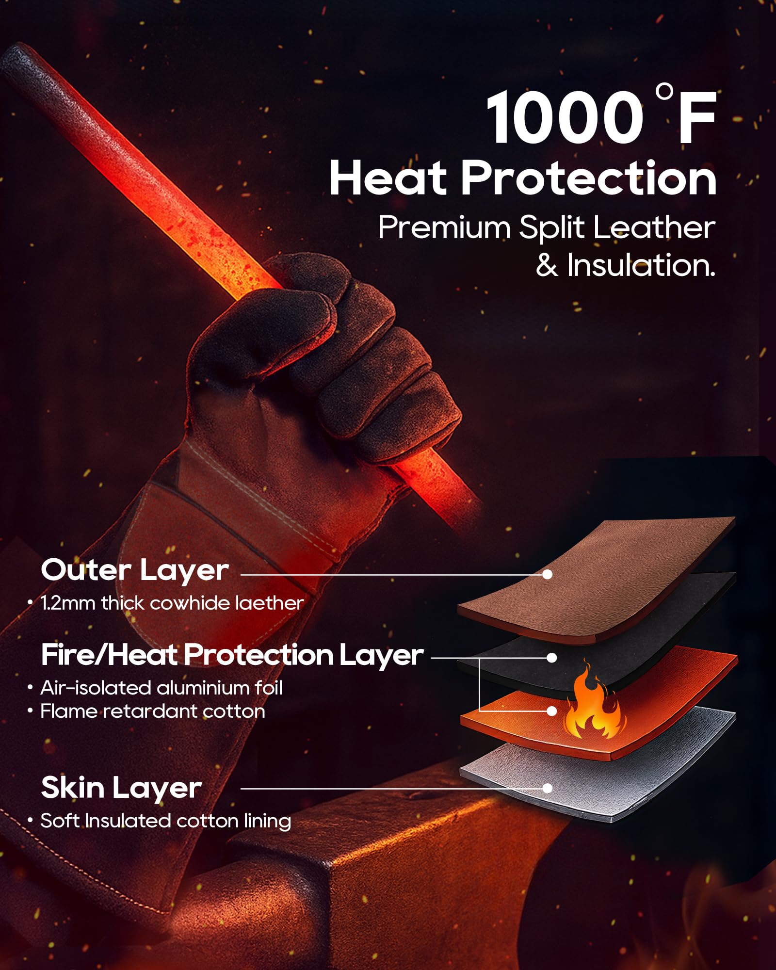 TOPDC Guantes de soldadura de cuero reforzado resistentes al calor y al fuego de 16 pulgadas, resistentes al fuego con costuras de Kevlar para Mig, Tig, Stick, Forge, barbacoa, parrilla, horno