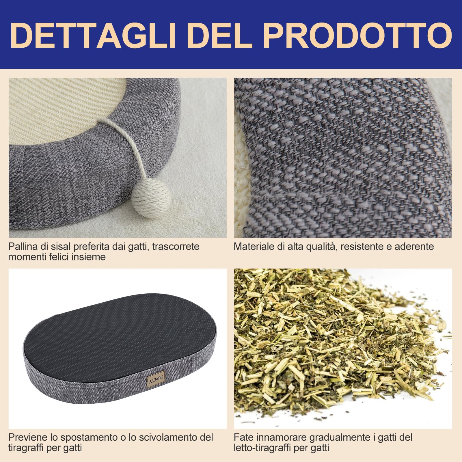 Jiupety Tiragraffi Ovale per Gatti in Sisal, 61CM Tiragraffi Gatto Adatto A Gatti Fino A 9 KG di Peso, Cuccia Gatto 3 in 1, Grey