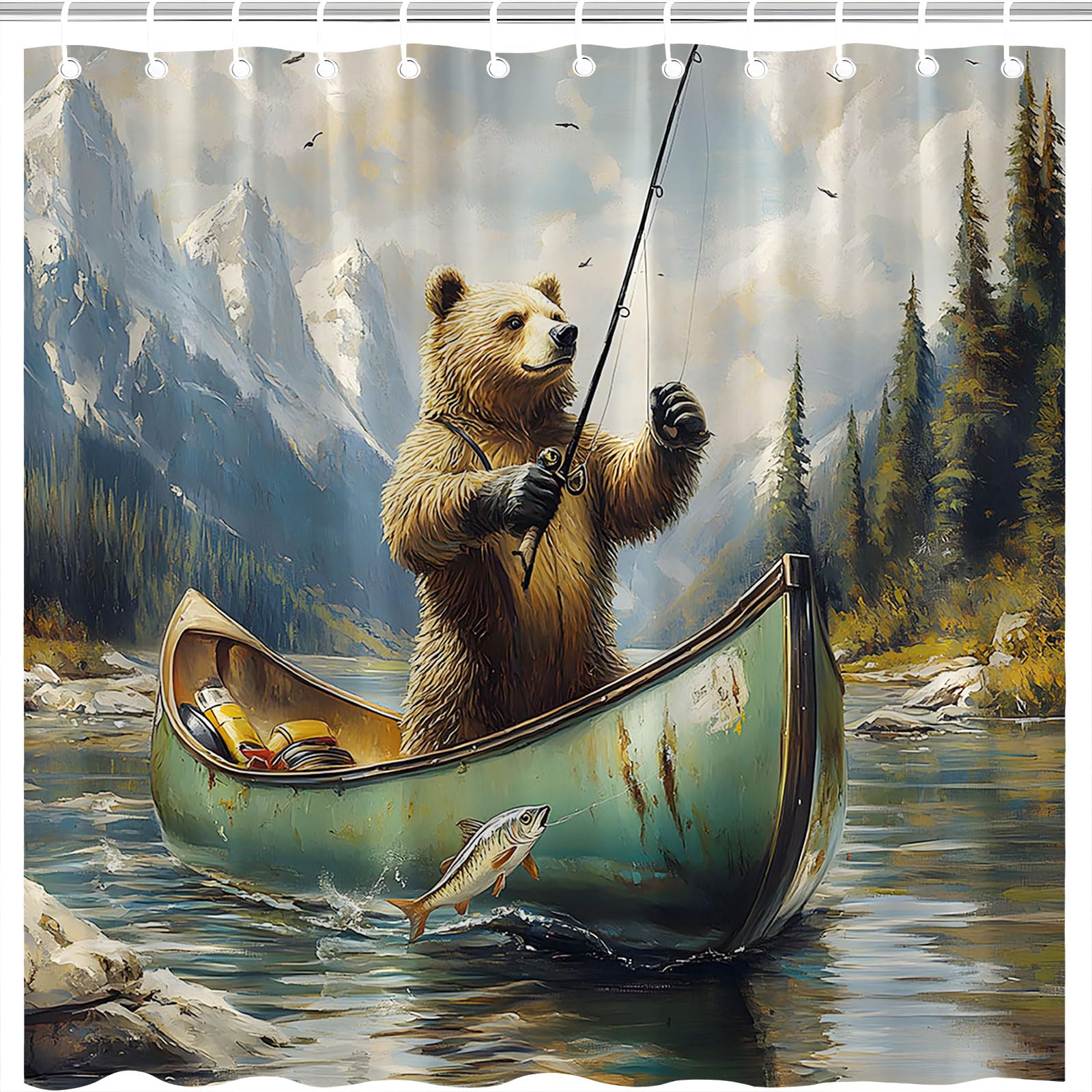 MZYZAF Rustic Bear Shower Curtain Funny Bear Fishing Lake Fish Lake Forest Wild Animal Mountain Country Cabin Lodge Hunting Camping Farmhouse Vintage