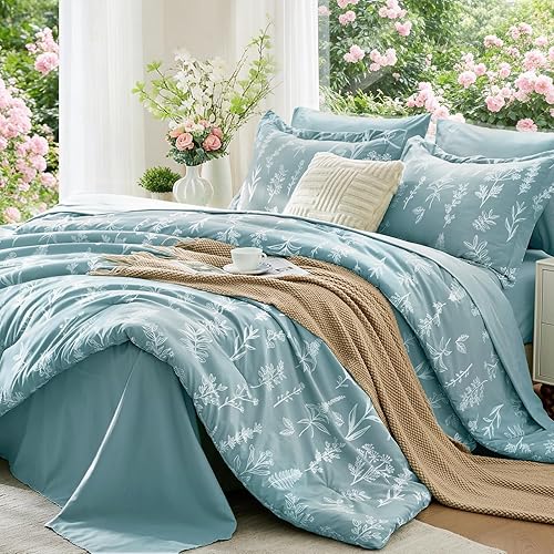 Miniatura 26 de MUXHOMO - Juego de ropa de cama en una bolsa tamaño Queen de 7 piezas, diseño reversible de flores botánicas, juego de edredón ultra suave y Hojas