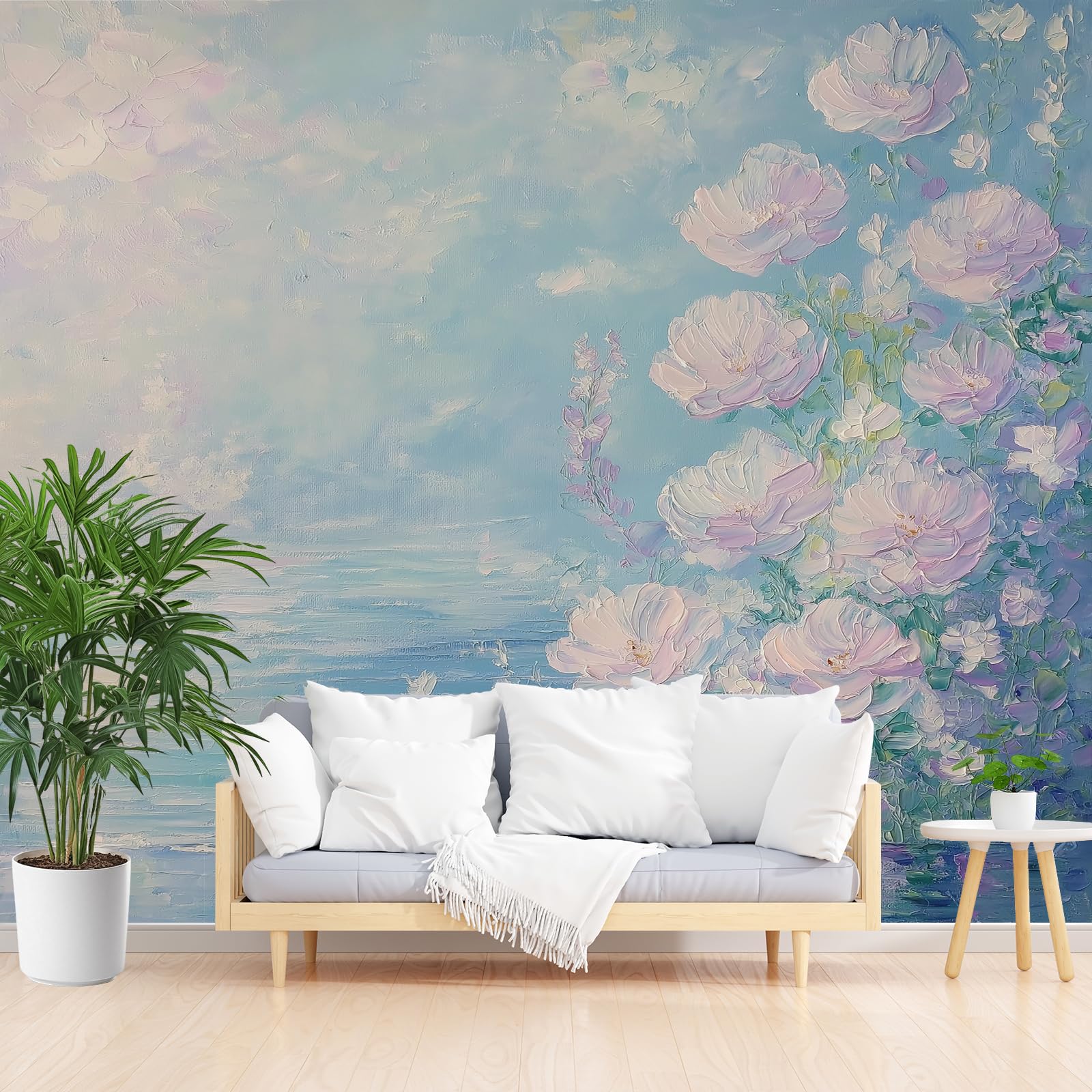 Papier peint panoramique bleu pour salon moderne et mur TV artistique style aquarelle