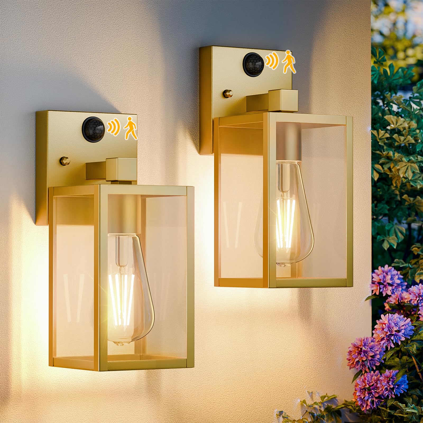2 Pack Gold Motion Sensor Outdoor Light Fixtures Wall Mount, Dusk to Dawn Front Porch Lights for House, Exterior Wall Sconce, Waterproof Lantern Lamp,Outside Coach Light for Garage Entryway Yard