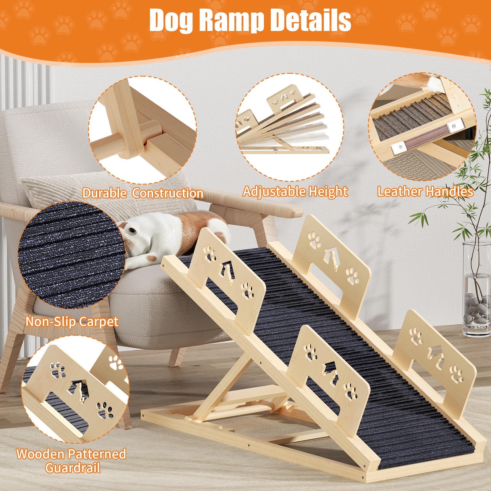 Rampa per cani, letto lungo 100 cm, con ringhiera di sicurezza, scala per cani in legno, regolabile in altezza, con rampa antiscivolo, per letto, divano, auto, viaggi, piccoli, grandi e anziani