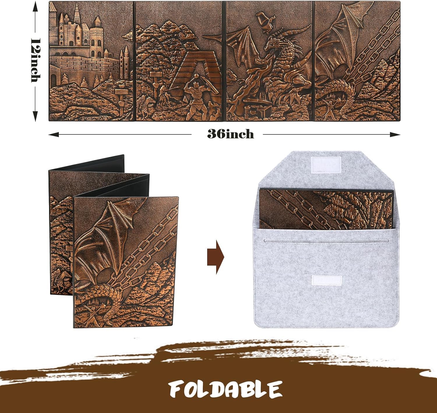 LIEFY DND DM Screen – D&D Dungeon and Dragons – Schermo da gioco in ecopelle 3D goffrata con motivo drago e 4 pannelli con tasche – Regalo DND – Accessori DND (Copper)
