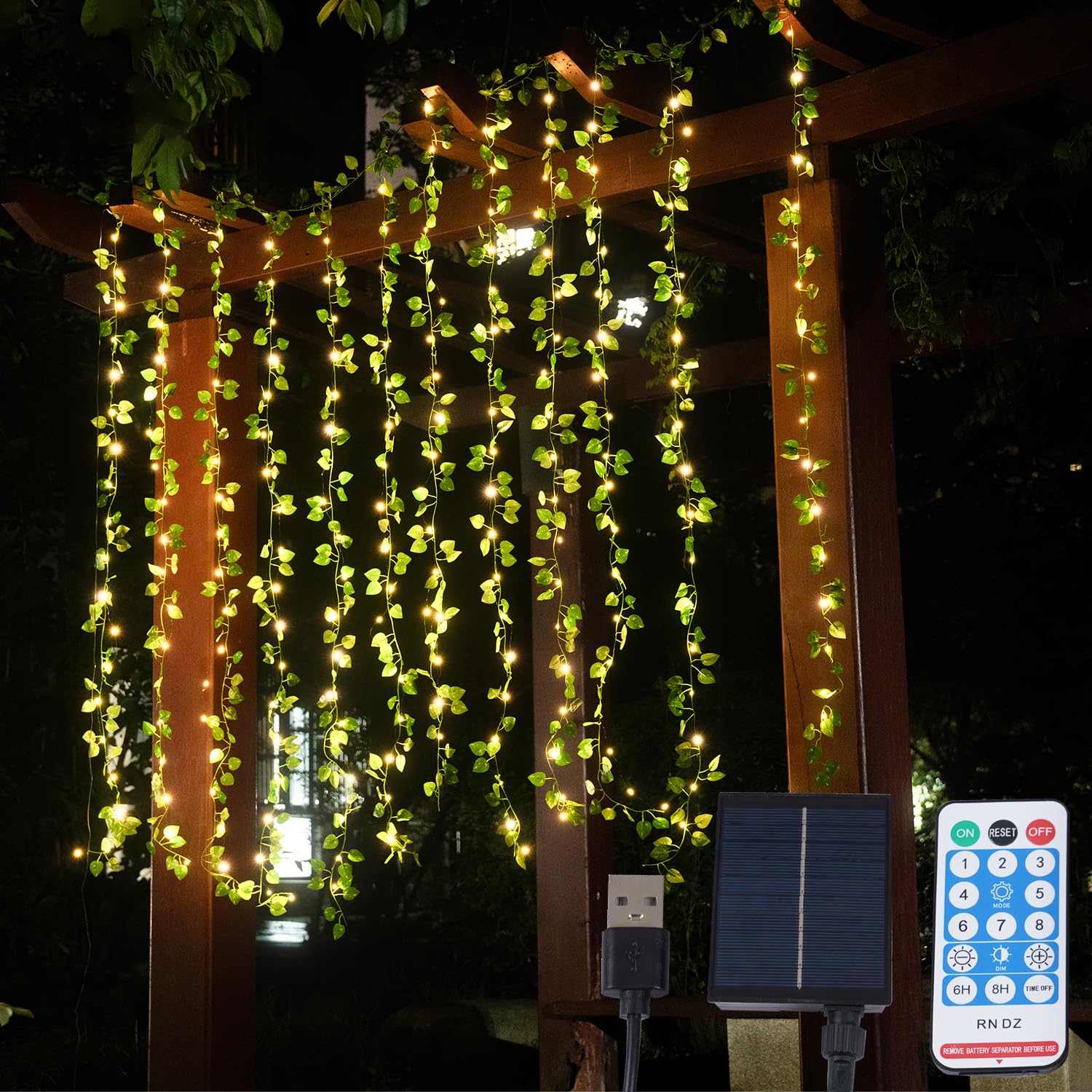 Lightd Solar Tende A Edera Finta Con 240 LED | Solare + USB, 8 Modalità E Timer | Decorazione Esterna Giardino