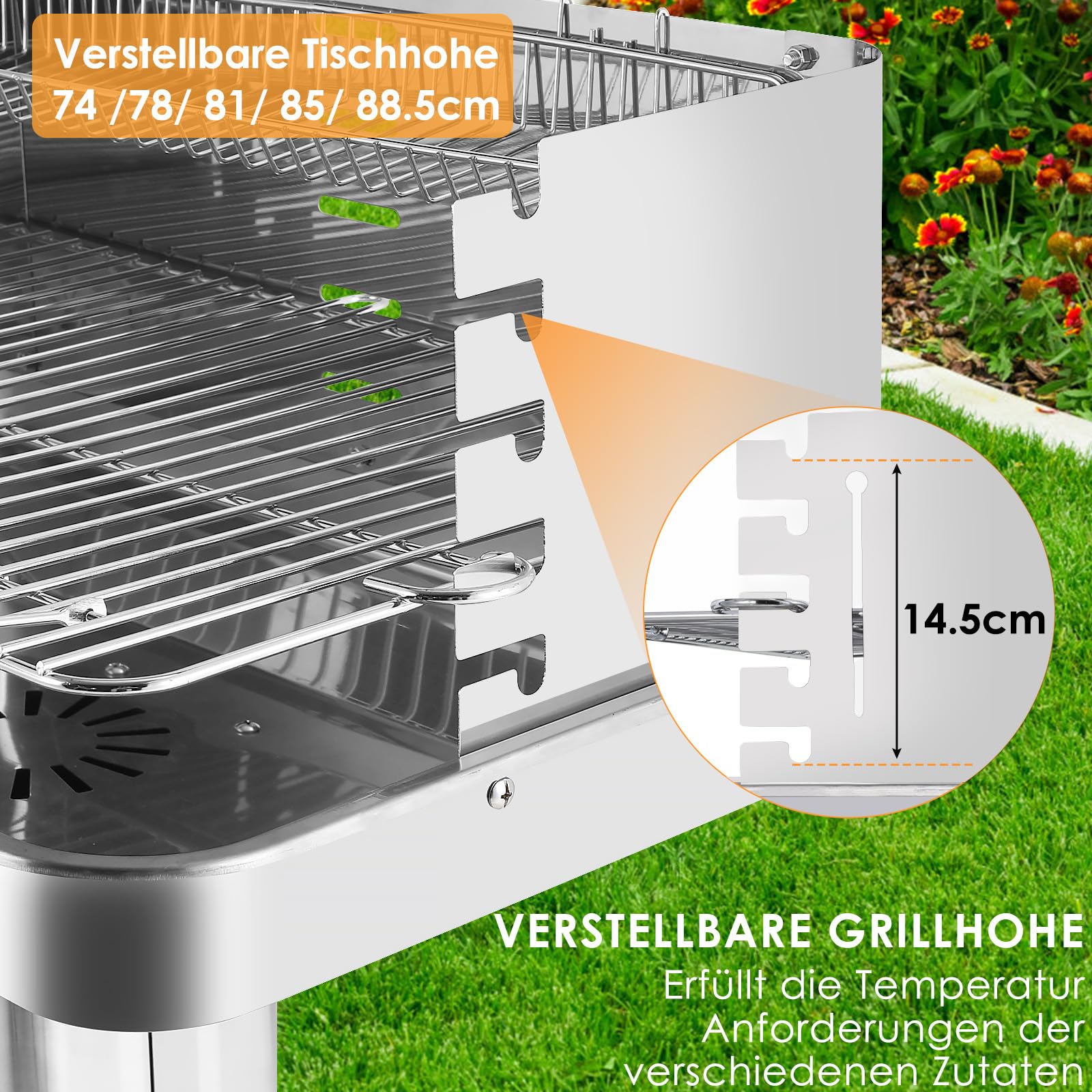 TLGREEN Barbecue a colonna in acciaio inox 57 * 38 * 90 cm, Altezza regolabile in 5 posizioni, Barbecue da esterno con Cassetto cenere, ventilazione e griglia cromata, Outdoor, BBQ, Spiagge, Giardino