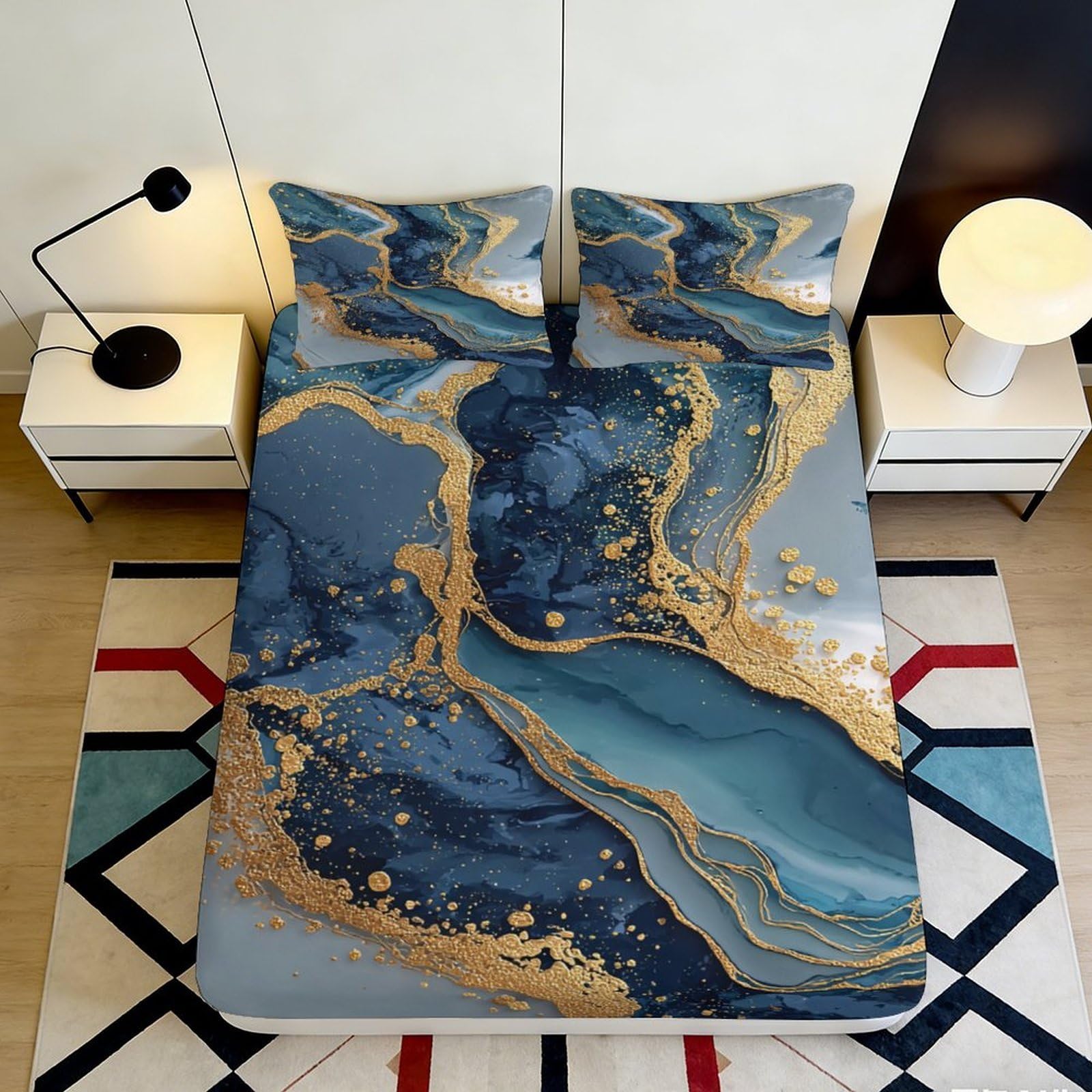 3D Printed Marble Gold Fitted Sheet Microfiber Blue Abstract Mattress Cover for Bedroom Dorm Decor Easy Care 90x200x25cm