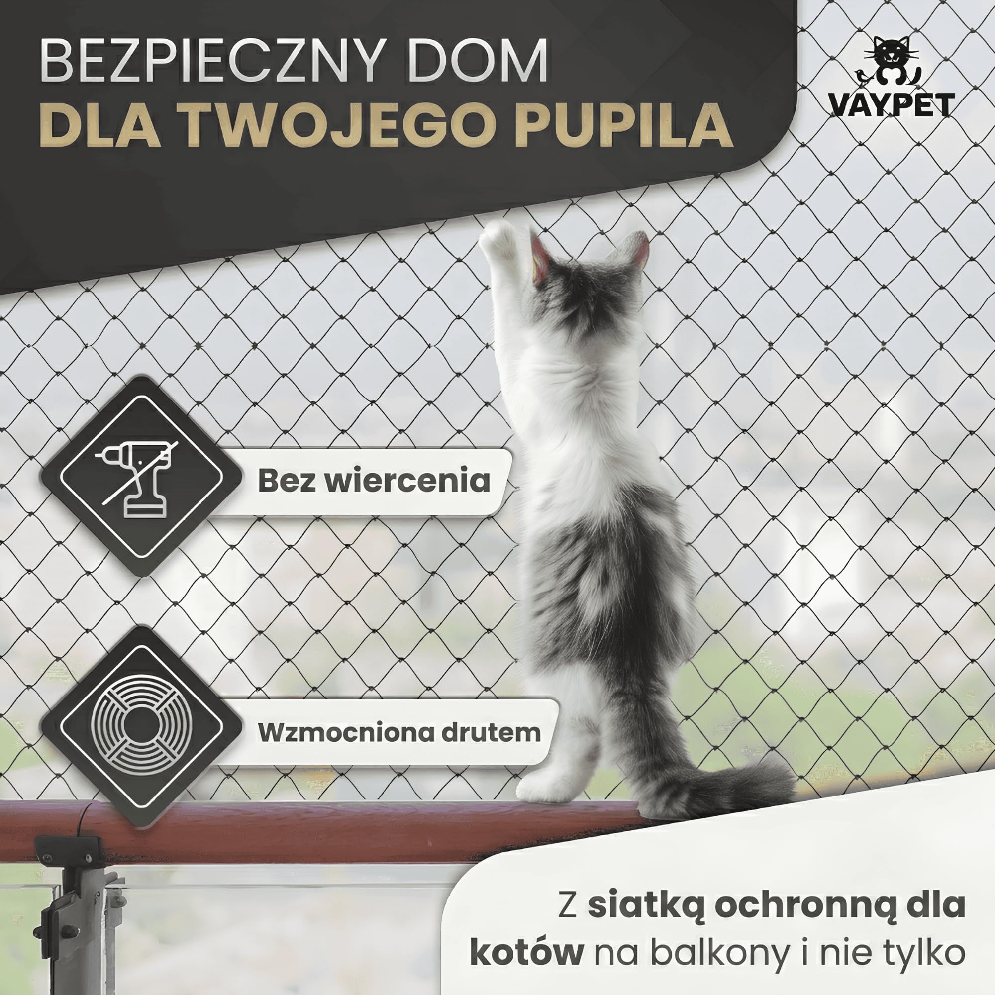 VAYPET® Siatka dla Kota na Balkon [4x3m] - bez Wiercenia, wzmocniona | W zestawie Haczyki + Klej Silikonowy | Siatka wzmocniona Drutem | Siatka Ochronna dla Kota na Balkon, Okno