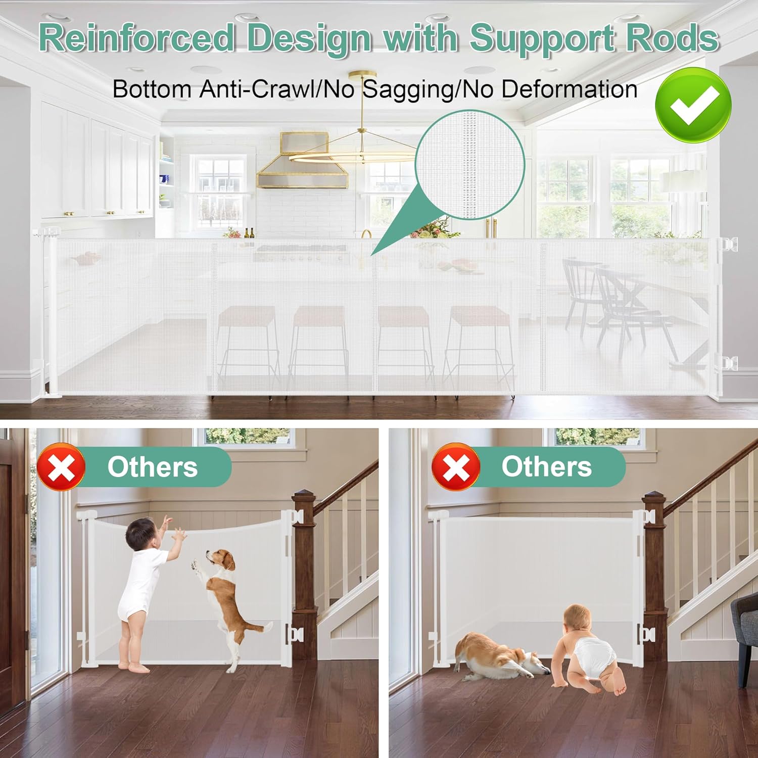 Reinforced 195 Inch Extra Wide Retractable Baby Gate Extra Long Dog Gate with Support Rods – Prevent Crawling Under, 16 Feet Mesh Baby Gate Retractable Gate Outdoor/Indoor Retractable Pet Gate, White
