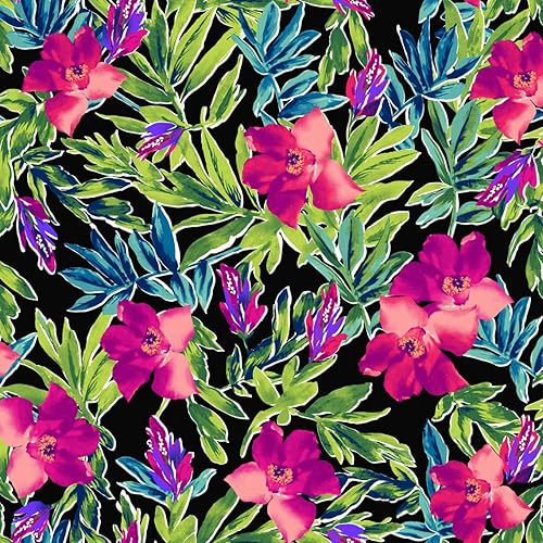 Texco Inc Scuba Crepe Knit Flora Tropical Pattern2-Way Stretch Prints TelaProyectos de bricolaje, Coral Negro 1 yarda