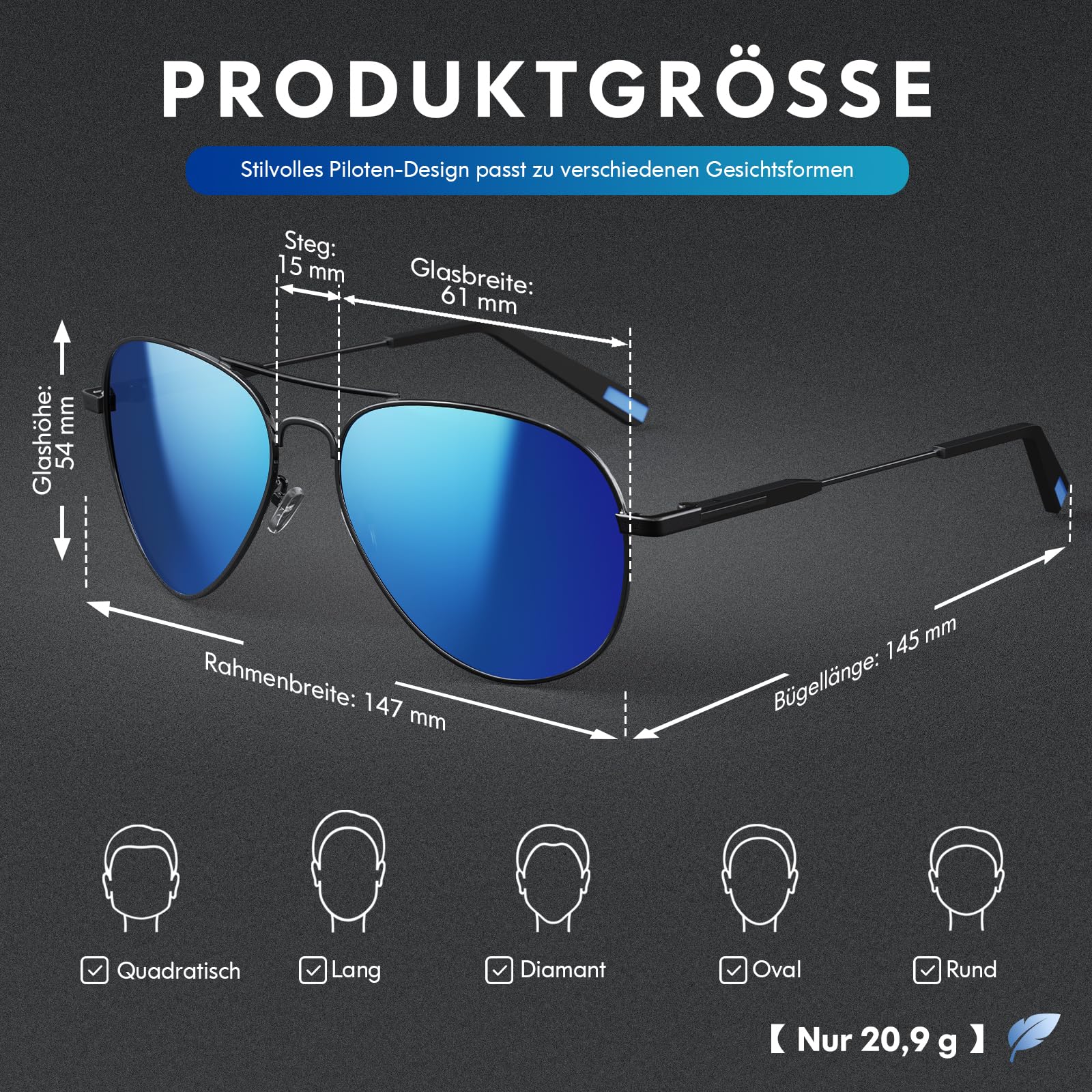 DADA-PRO Sonnenbrille Herren Polarisiert Pilotenbrille Damen Metallrahmen Retro Fliegerbrille UV400 Schutz Polarized Sunglasses Men Women