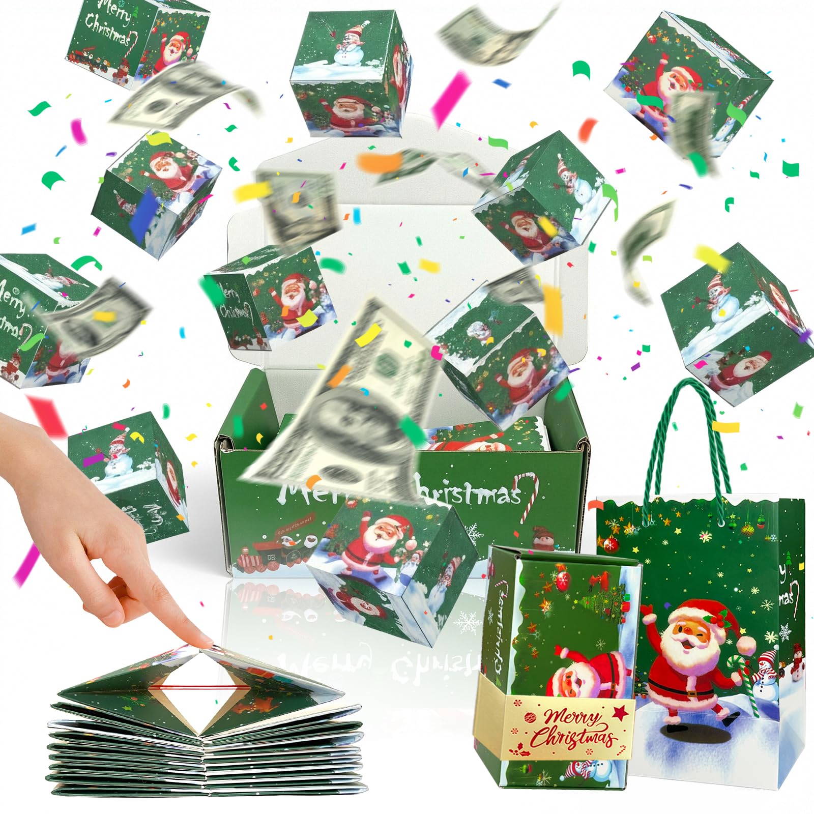 Christmas Surprise Gift Box, 12 Pcs Explosion Gift Boxes, Pop Up Exploding Xmas Gift Boxes, DIY Money Box Folding Gift Box for DIY Family Party Poppers Anniversary Wedding Xmas Decoration (Green)