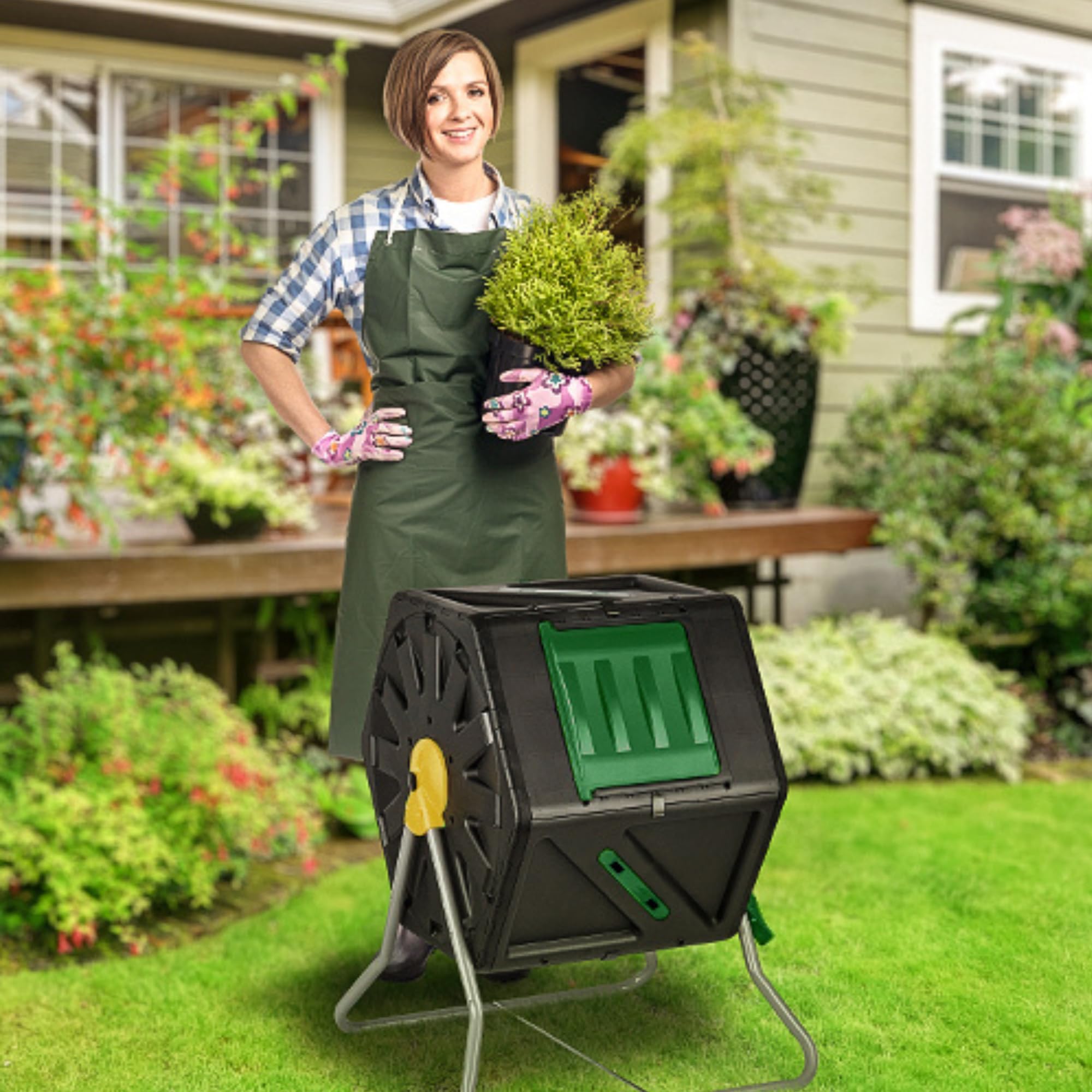 DF OMER, Contenitore Compostaggio Giardino a Camera Singola, Grande Volume, Design Compatto, Capacità 105 l, Compostiera Girevole Robusta per Tutte le Stagioni
