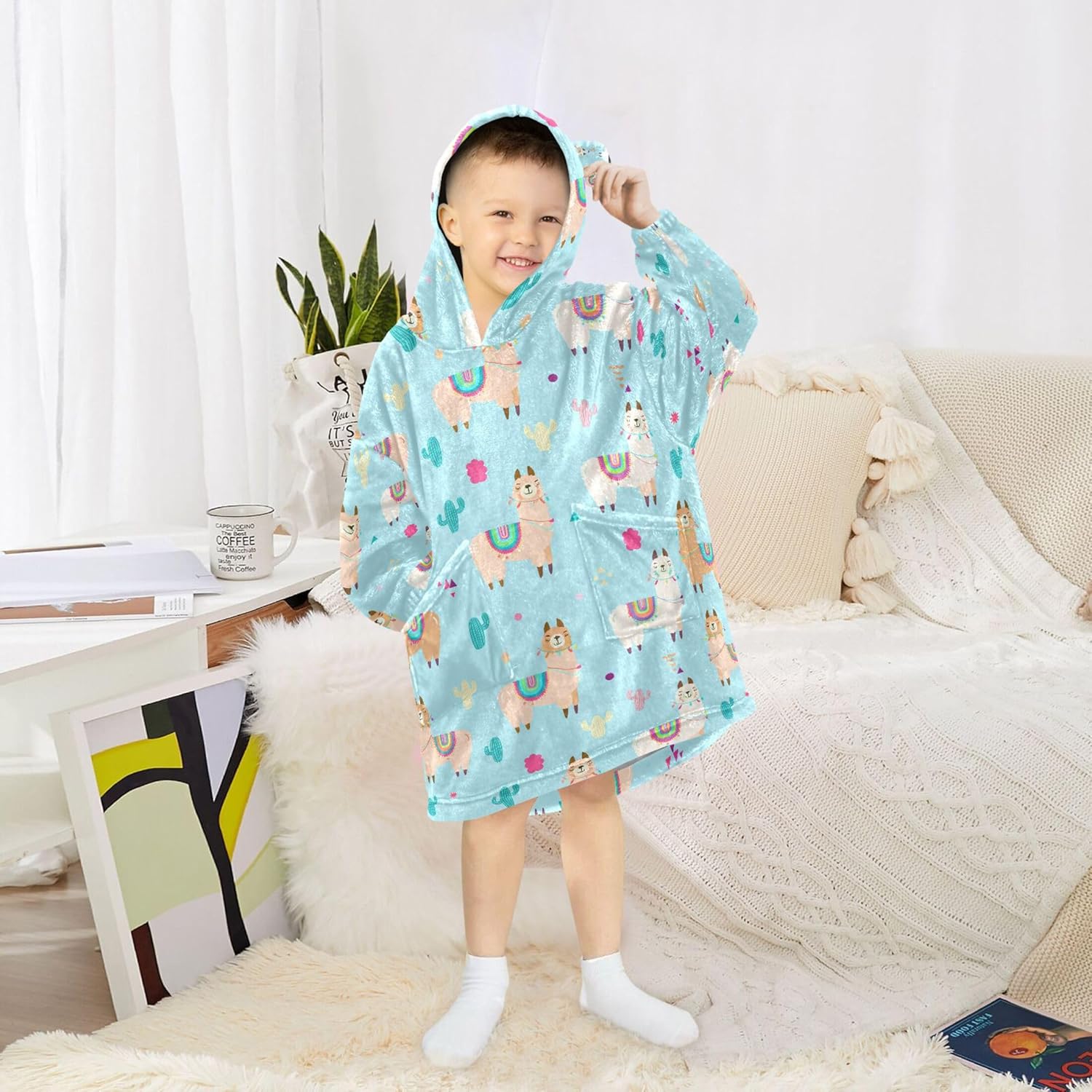 Cute Alpaca Kids Wearable Blanket Hoodie with Pocket and Sleeves for Toddlers, Cute Hoodies Girls Boys B0404041