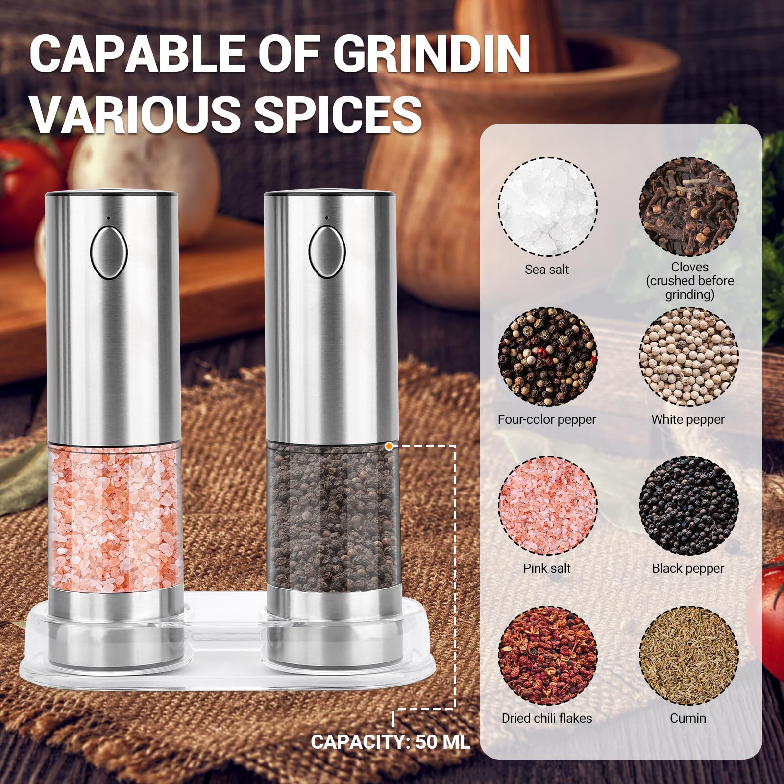 Set macina sale e pepe elettrico,Macinapepe automatici,Macina spezie con macinino in ceramica regolabile con granulometria regolabile,acciaio inox,per cucina e barbecuegrana - Argento