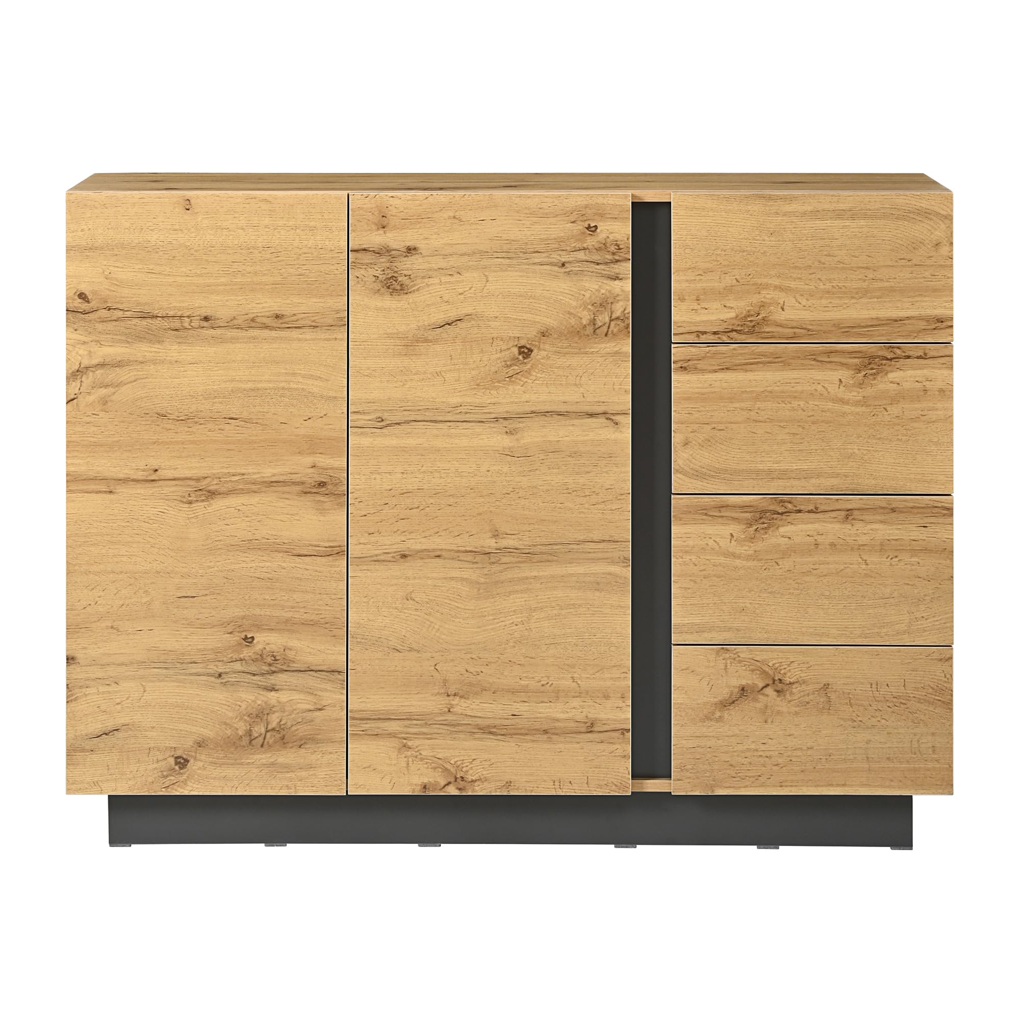 Merax Sideboard Kommode mit 4 Schubladen und Zwei Türen, Schrank 110 cm, Griffloses Design, Buffetschrank mit Großzügiger Stauraum, aus Holz, für Wohnzimmer/Esszimmer, 110x35.5x90.5 cm, Natur&Schwarz
