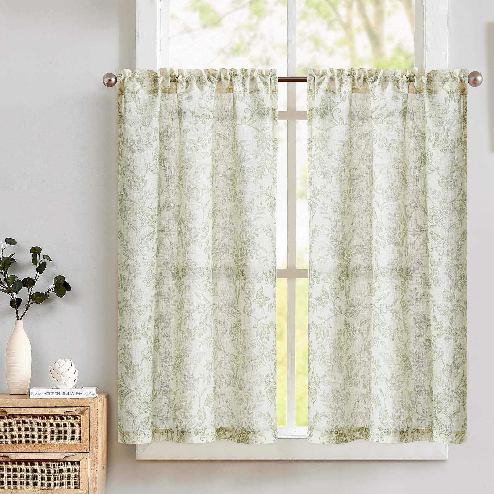 TOPICK Kitchen Curtains with Green Botanic Floral, Rod Pocket Short Cafe Curtains 45 Inch Drop, Light Filtering Small Window Curtain Tiers for Cupboard Base, Sink, Basement, W26 x L45 Inch, 2 Panels