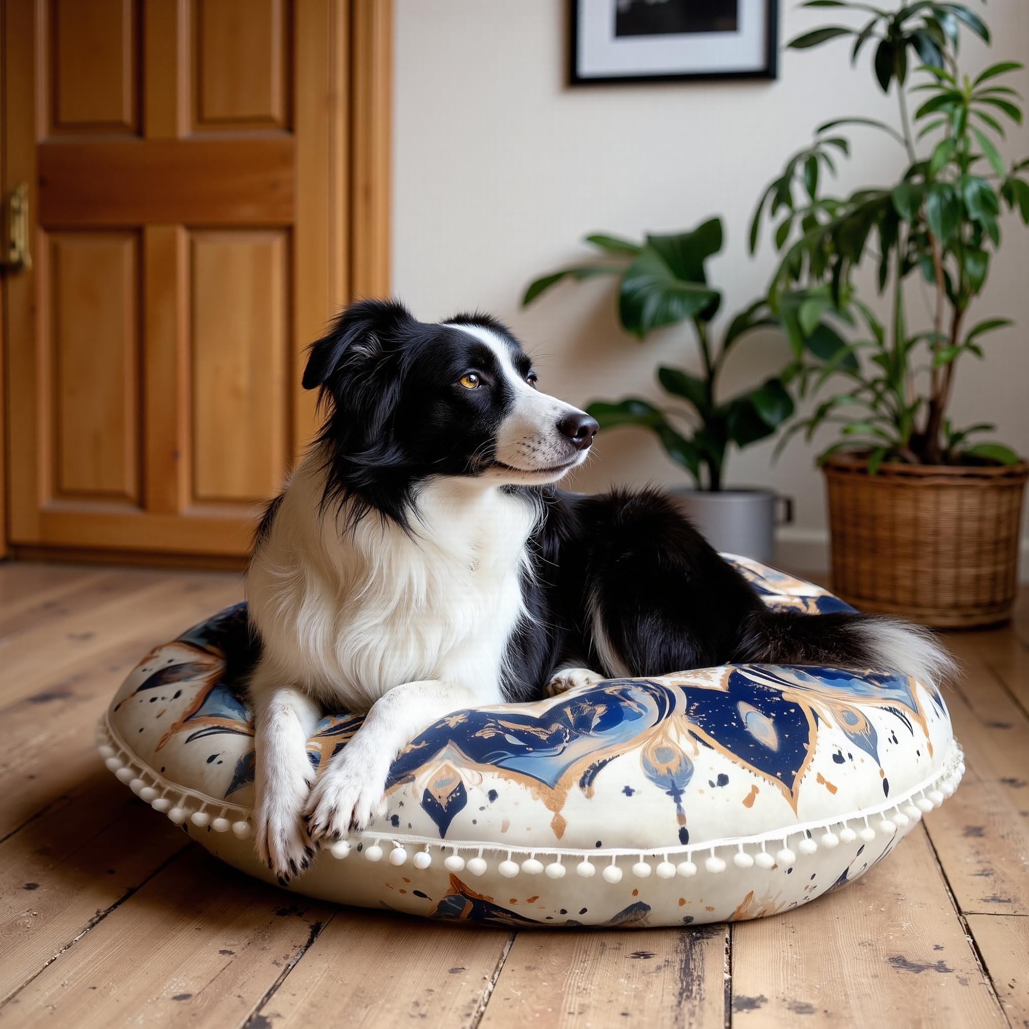 Cojín de Meditación Redondos, Almohada de Suelo con Funda Extraíble y Lavable, 80 cm Cojín de Yoga Ergonómico con Detalles de Pompones, Uso Interior/Exterior, marrón