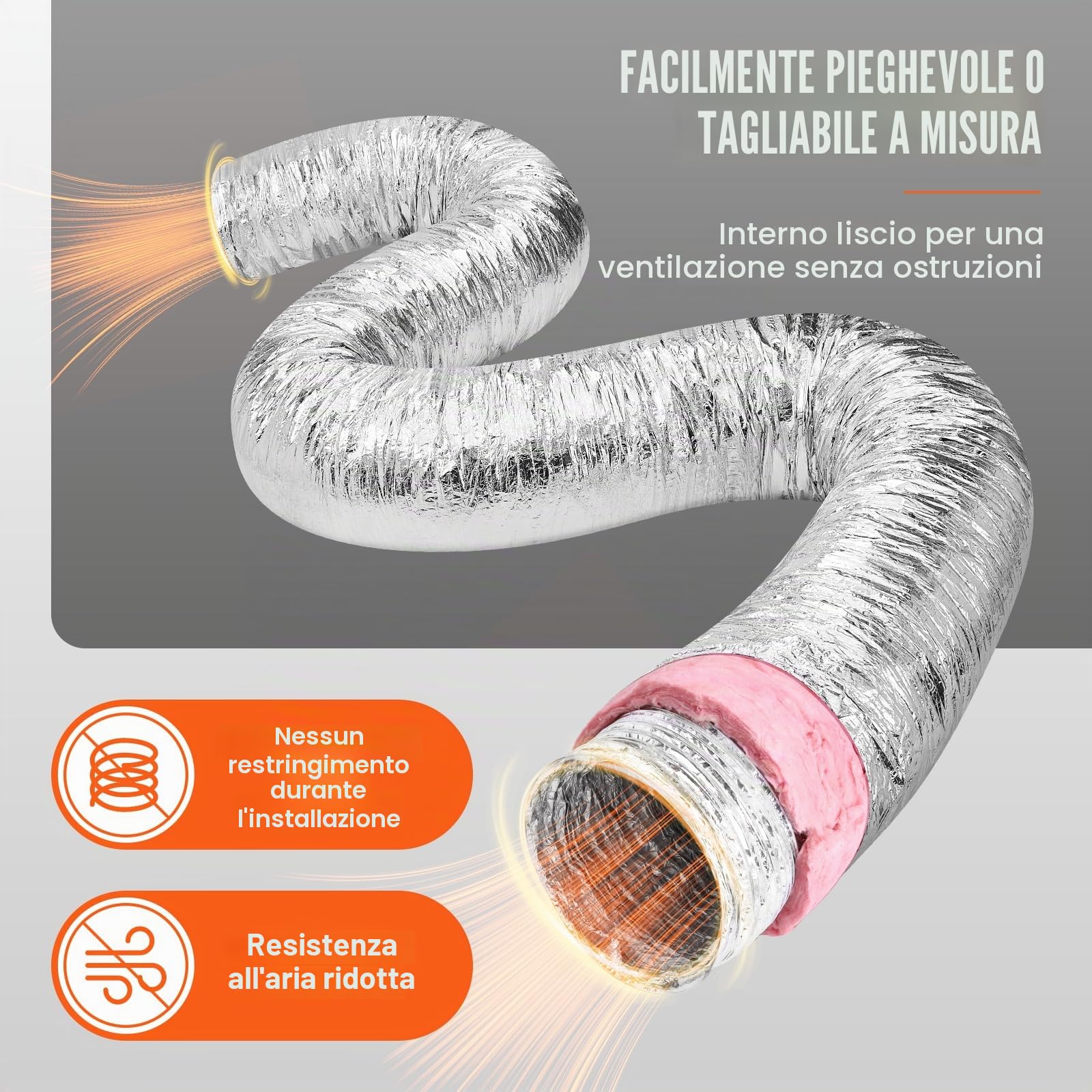 VEVOR Tubo Flessibile Coibentato 108x7620 mm Condotto di Sfiato Termoisolante in Alluminio PET con 2 Fascette Stringitubo Protezione a Tre Strati per Ventilazione, Riscaldamento, Raffreddamento, R-6.0