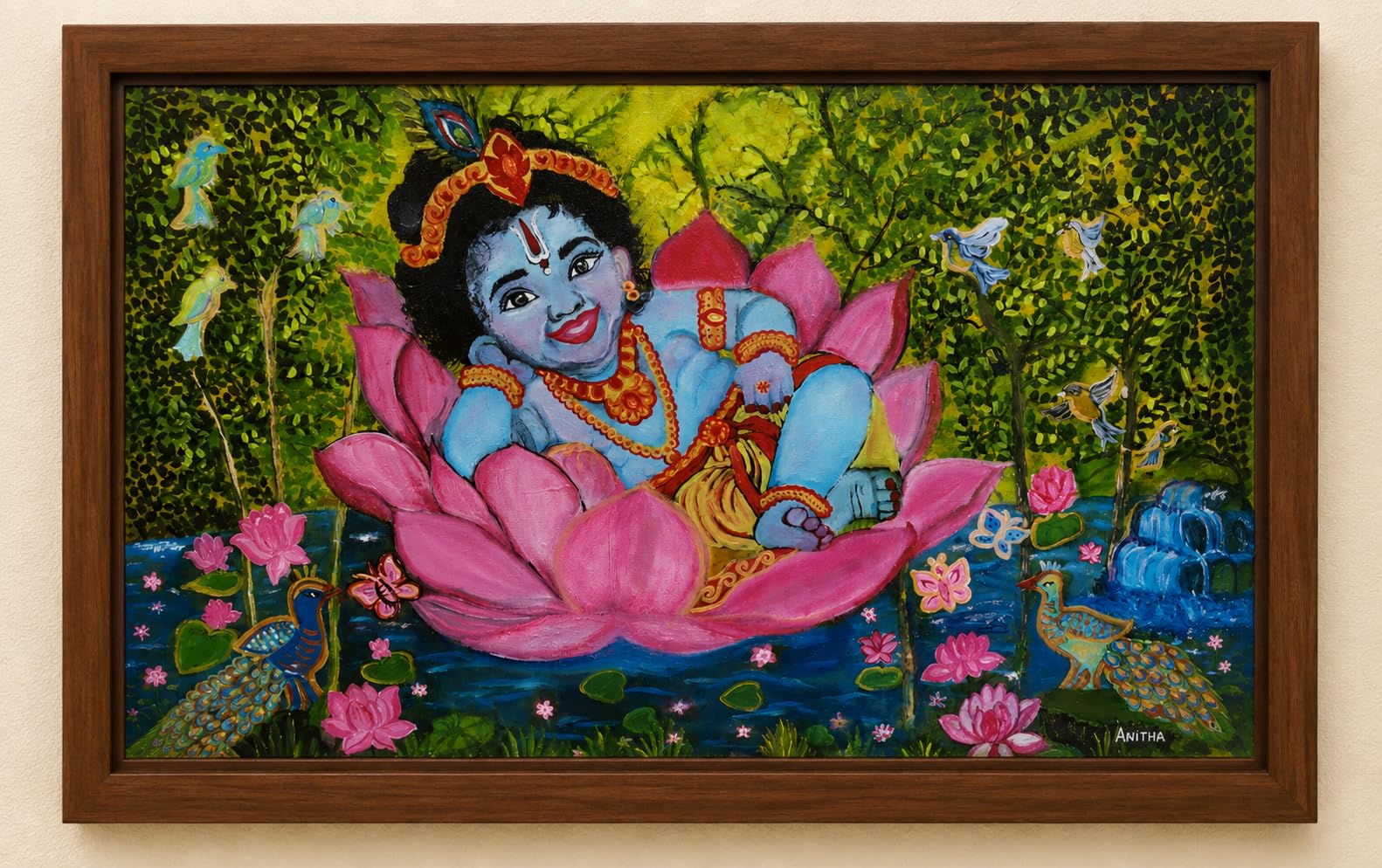 Baby Krishna on Lotus Framed Painting, Hand-Painted oil painting | Wood Frame, Peacock & Birds Motif, Signed by Artist, Indian Devotional Art, Vibrant Nature Scene-picture-27