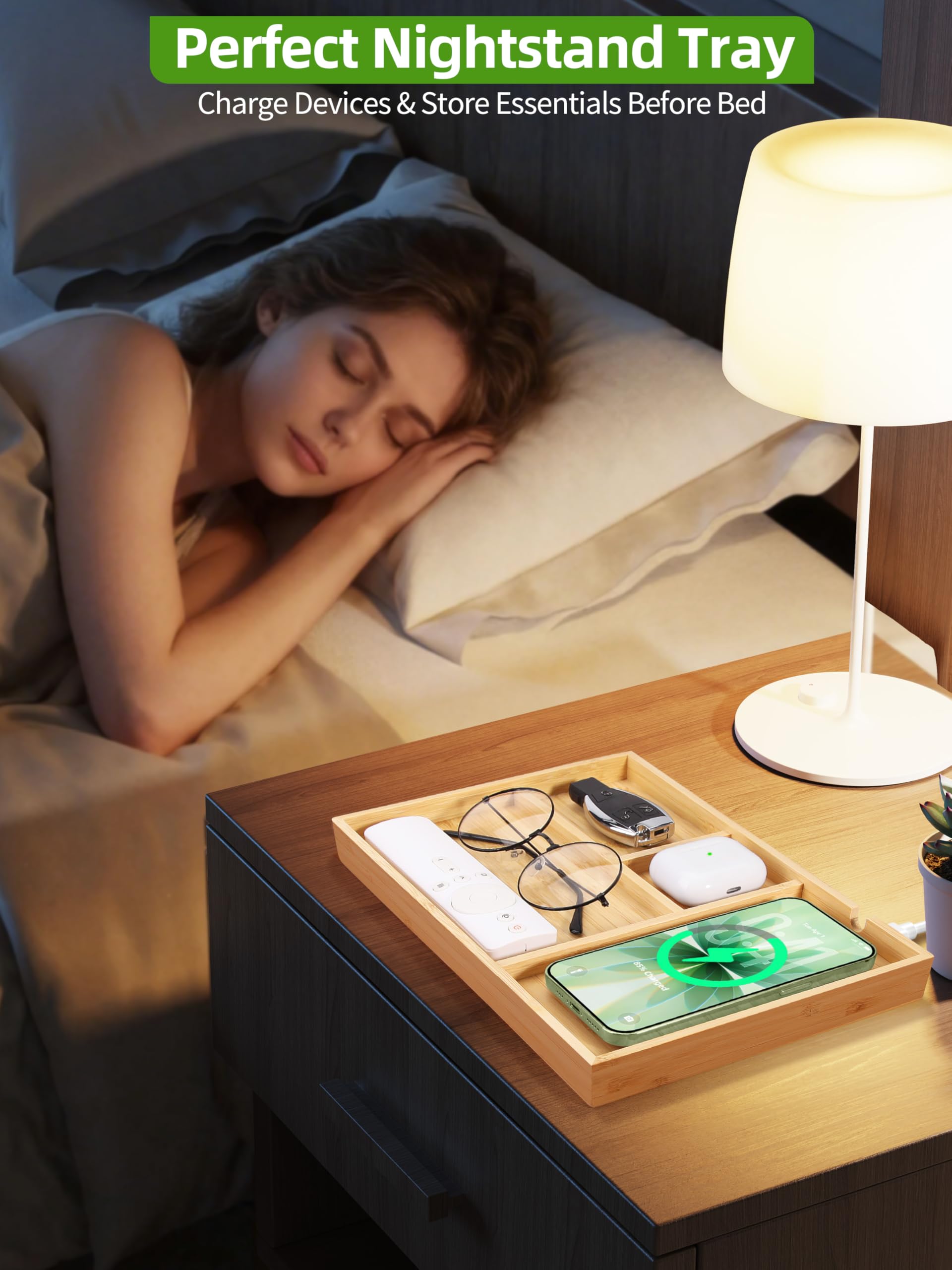 Bambus-Tablett und Nachttisch-Organizer mit 2-in-1 kabellosem Ladegerät für iPhone, Samsung und AirPods, Schreibtischzubehör für Männer/Frauen