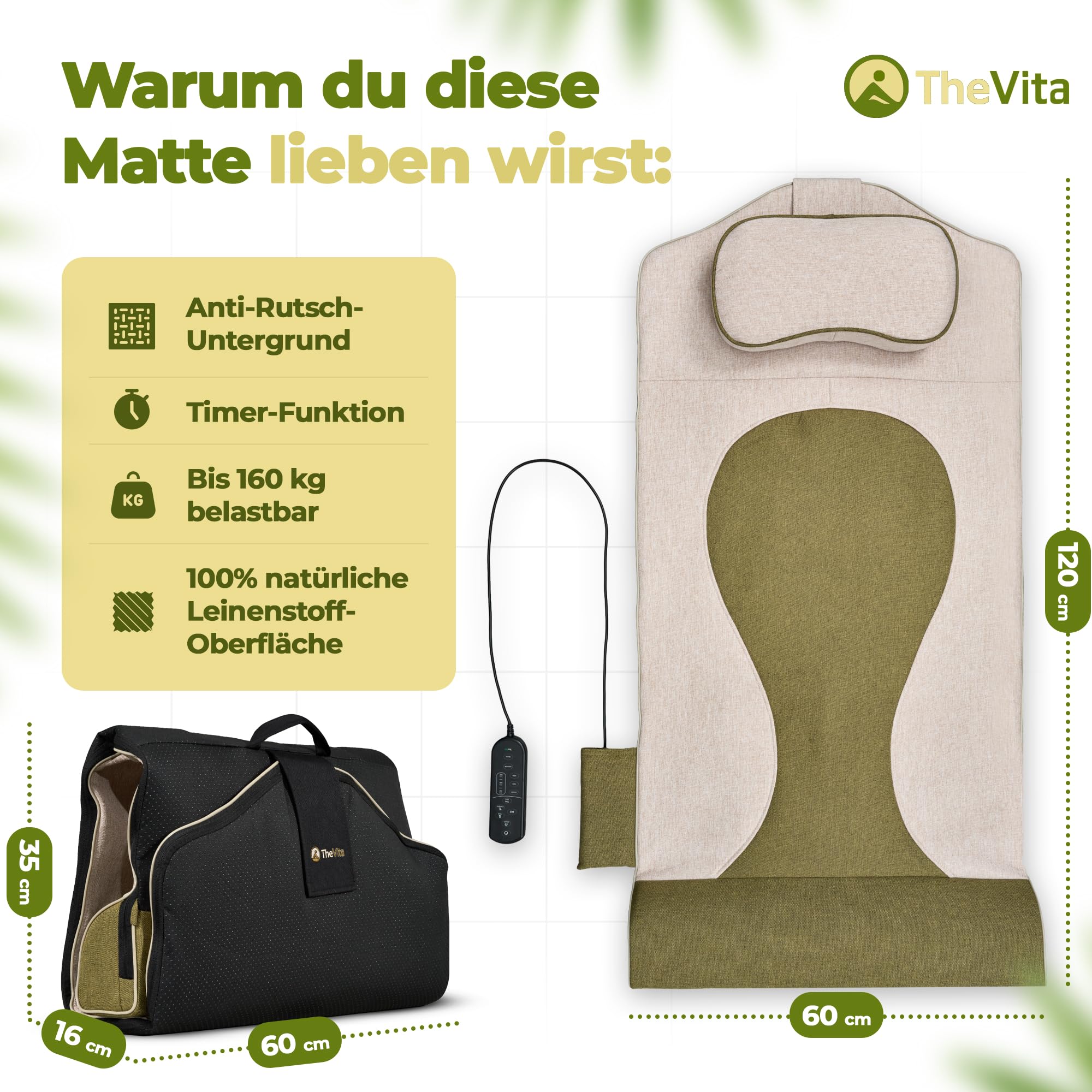 VitaStretch - Elektrische AirStretch Massagematte aus Leinen | 4 Programme für Rücken, Schulter, Hüfte | Wärmefunktion, Timer