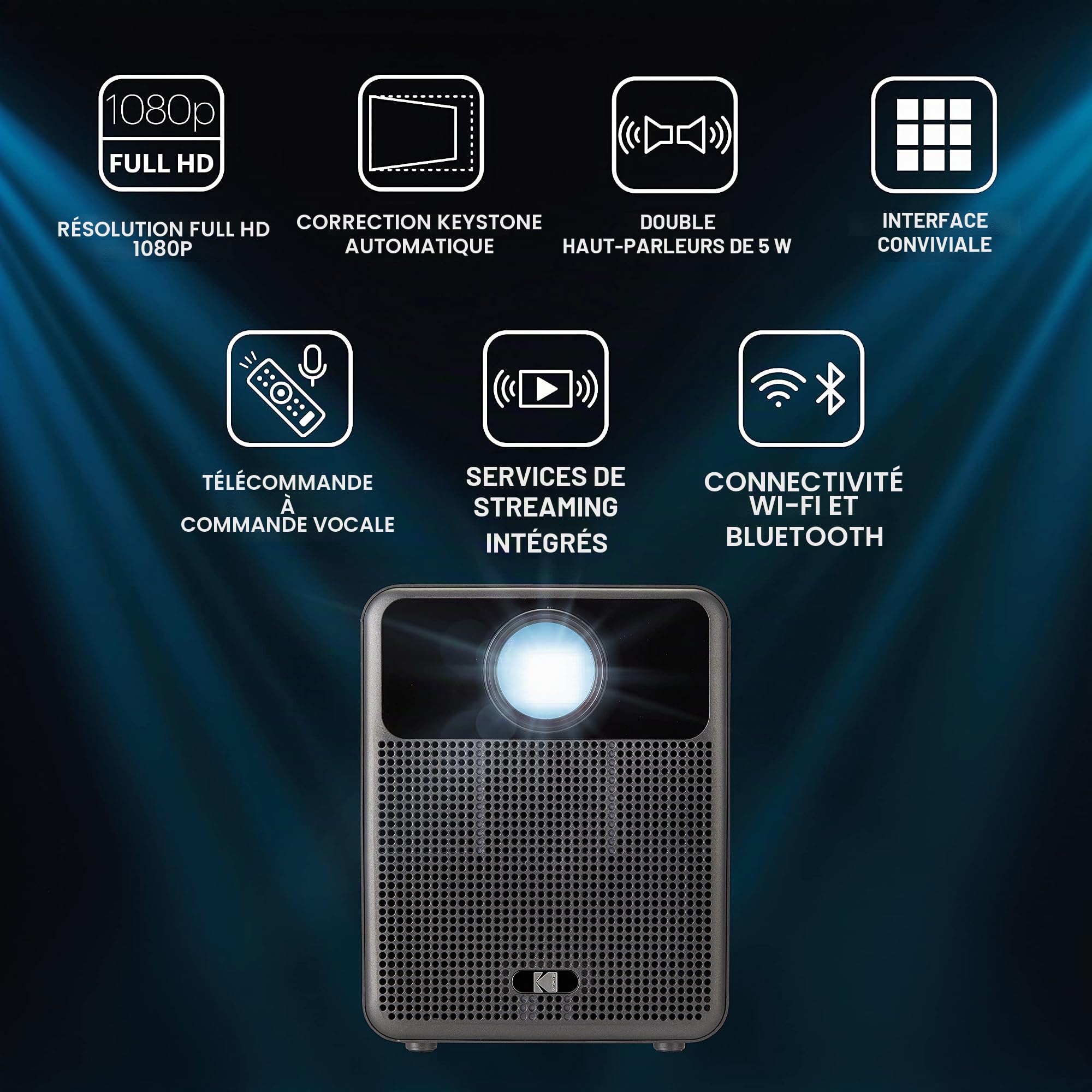 Kodak Projecteur Intelligent FLIK HD10 | Système de Projection vidéo Android TV 1080p FHD avec Google Assistant, Wi-FI, Bluetooth 5.0, HDMI, USB, AUX