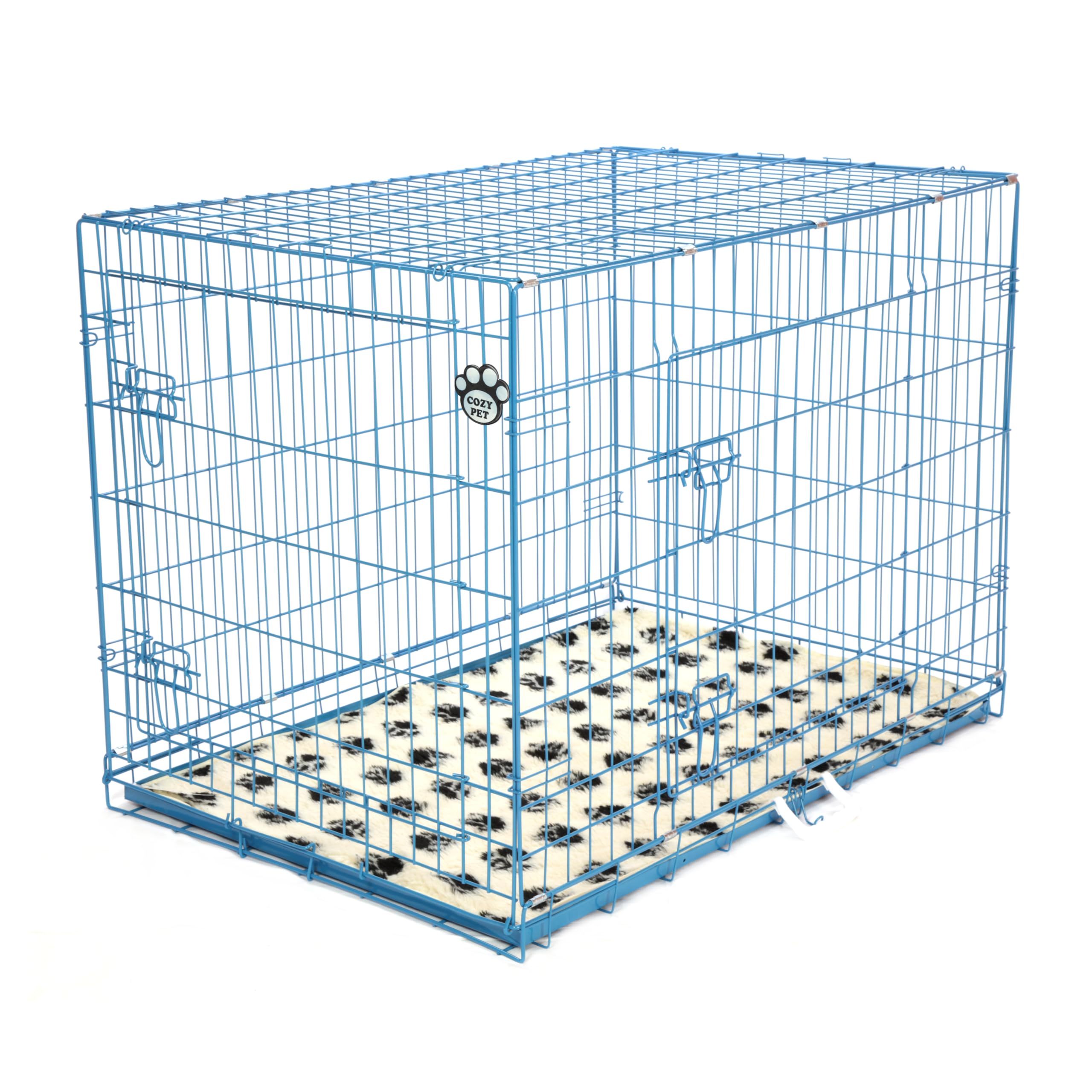 Dog Cage 42 Inch by Cozy Pet Puppy Crate in Blue with Easy-to-Clean Removable ABS Tray 2 Lockable Doors and Vet Bed Model DCP42BL + VB42C