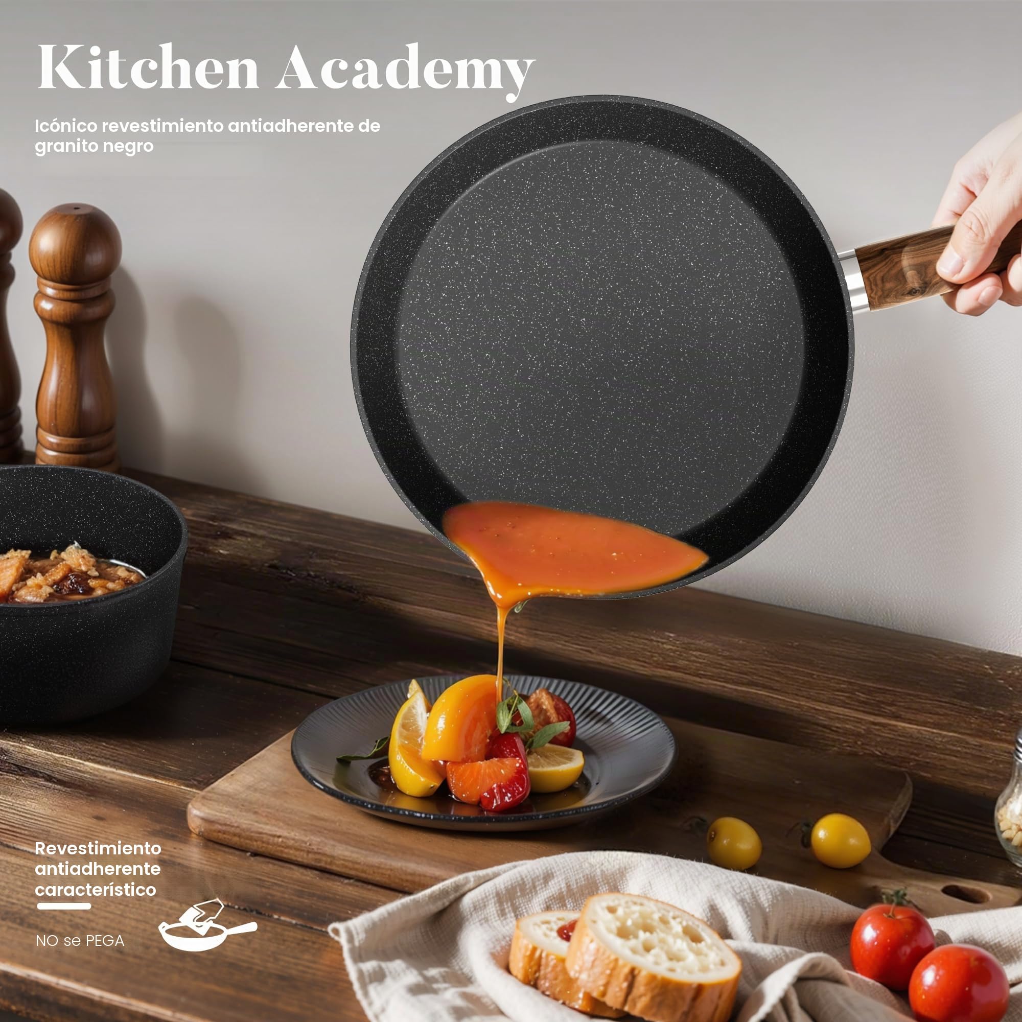 Kitchen Academy Bateria de Cocina Induccion y Sartenes Antiadherentes - 12 piezas Juego de Sartenes Antiadherentes, Sartenes Induccion Cacerolas libre de PTFE y PFOA (Negro)
