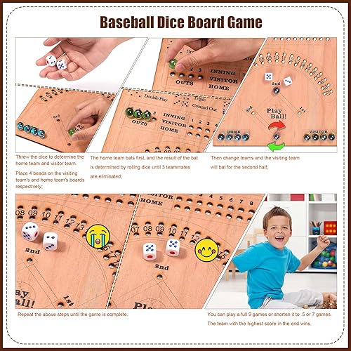 Miniatura 5 de Juego de mesa de dados de béisbol, 14.96 x 9.84 pulgadas, juego de dados de béisbol, tablero de madera, divertido juego de mesa de pinball de madera