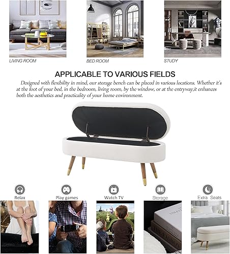 Miniatura 21 de IAFIKE Banco de almacenamiento ovalado de 43.5 pulgadas, banco otomano tapizado de tela boucle con patas de metal dorado, extremo de cama para