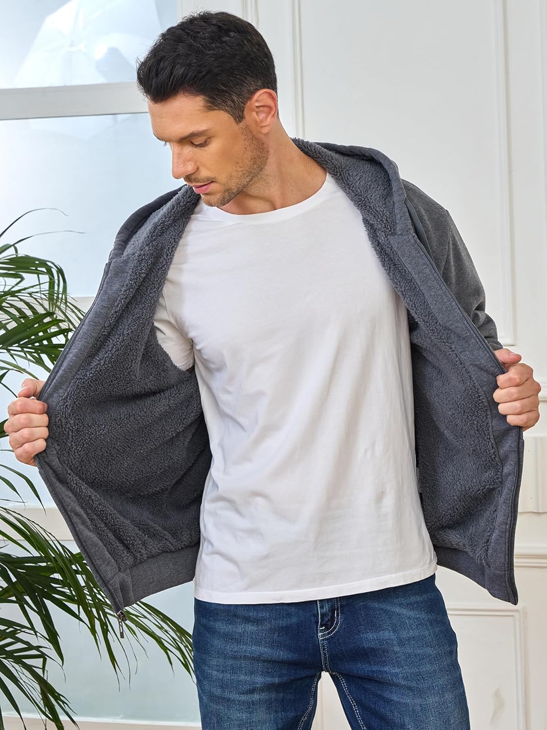 Hoodies for Men Full Zip Up Fleece Warm Thick Jackets Heavyweight Sherpa Lined Coat - Image 3