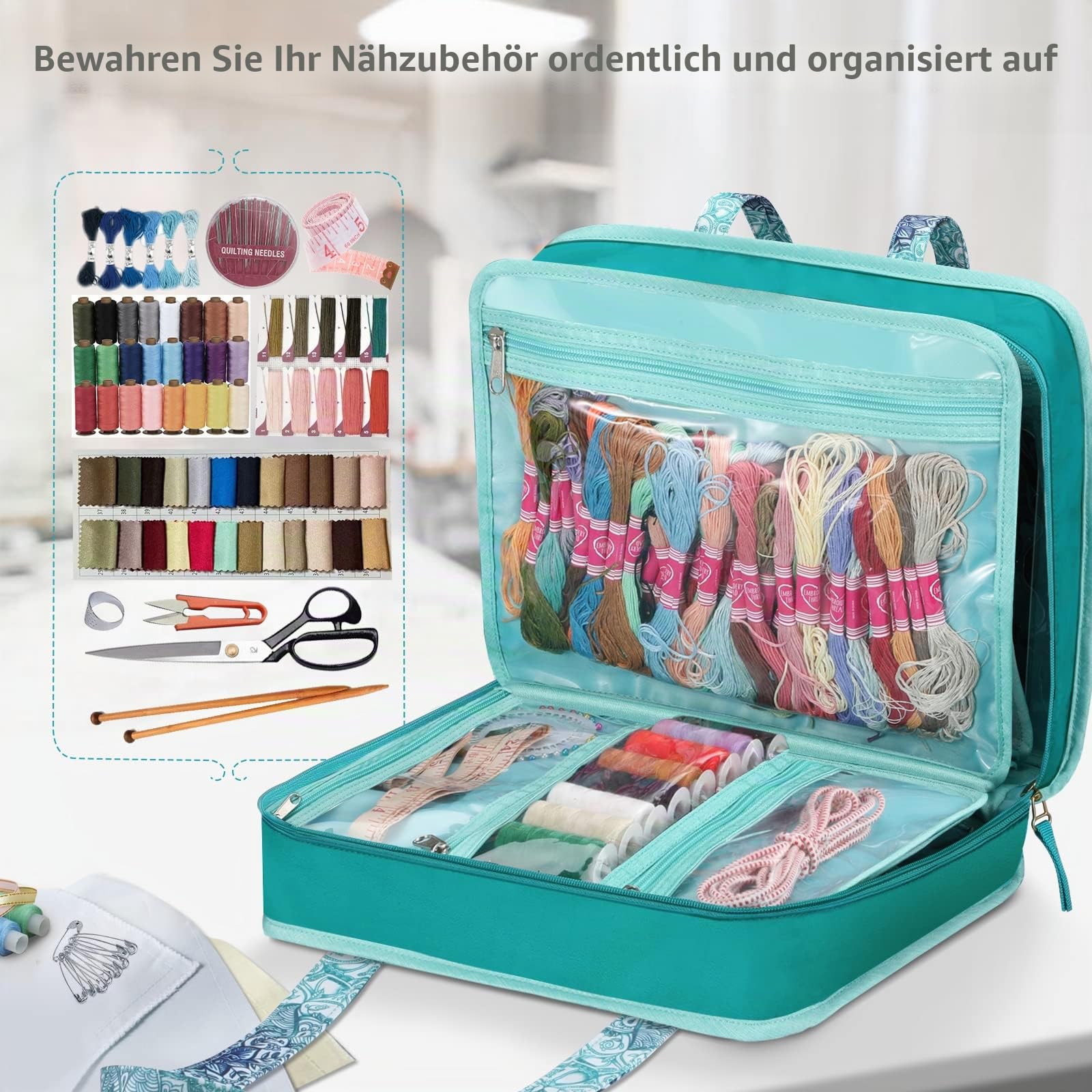 FINPAC Aufbewahrungstasche für Näh- und Bastelbedarf, große Kapazität, Reiseverpackung, Organizer-Tasche mit transparenten Taschen und Griff zum Stricken, Häkeln, Kunst, Nähzubehör