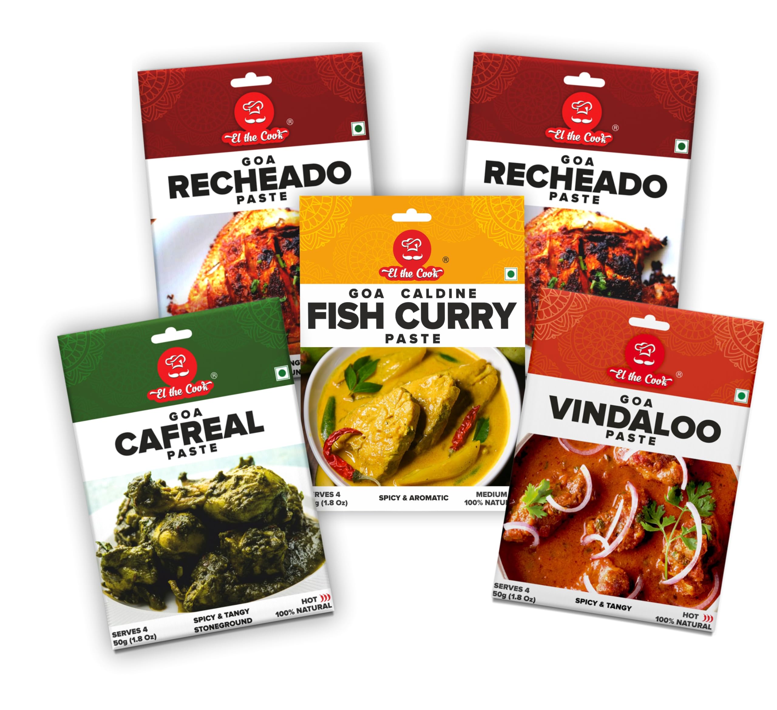 EL The Cook Goa Curry Variety Pack - Cafreal, Vindaloo, Xacuti, Caldeen & Recheado | Spicy & Tangy Indian Seasoning Masala for Poultry, Pork, Seafood | Simply coat and cook | Vegan, Gluten Free, 1.7oz, 5 Pack