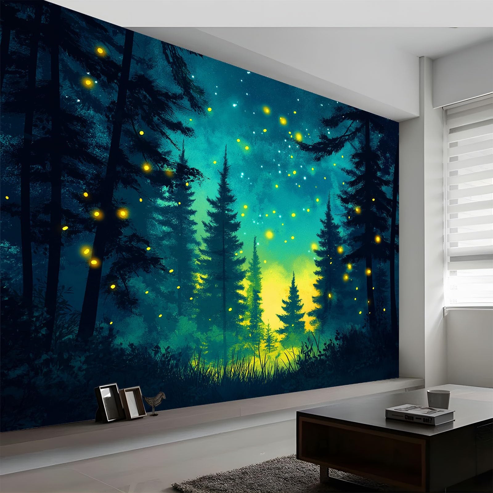 Czarodziejski las - fototapeta 350 x 256 cm, efekt 3D, obraz ścienny, tapeta ścienna, z włókniny, nowoczesny salon, malarstwo, pokój dziecięcy, sypialnia, tło TV, dekoracja ścienna, niebiesko-zielona
