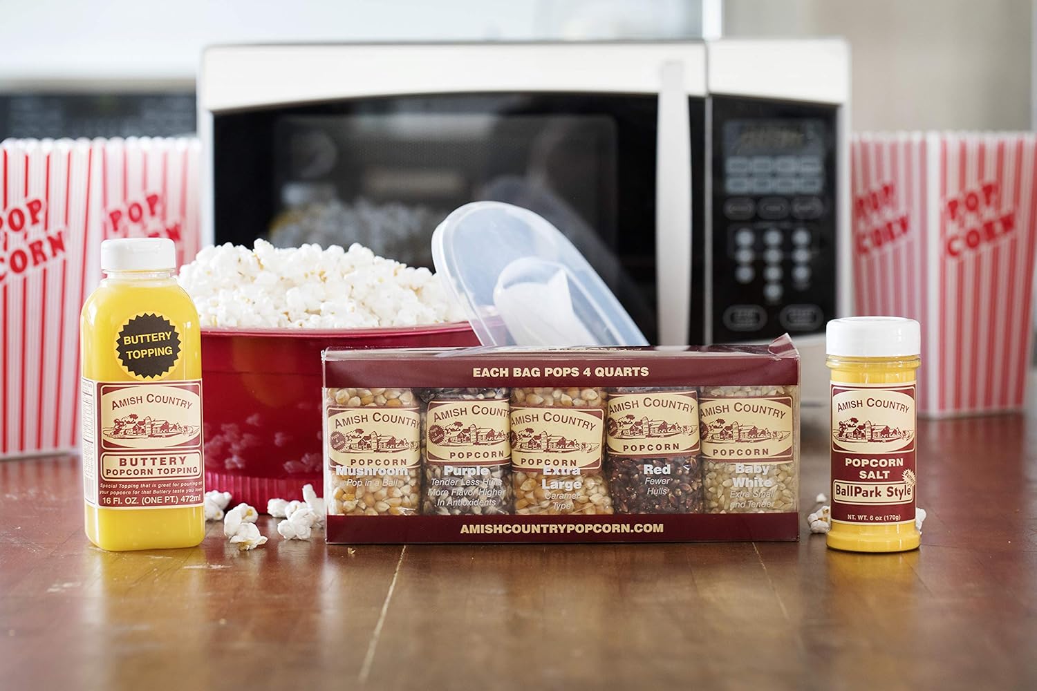 Amish Country Popcorn - 4 Ounce Variety Kernel Gift Set (10 Pack Assorted) and Red Silicone Popcorn Popper Bundle | Popper is BPA and PVC Free, Handles, Dishwasher Safe