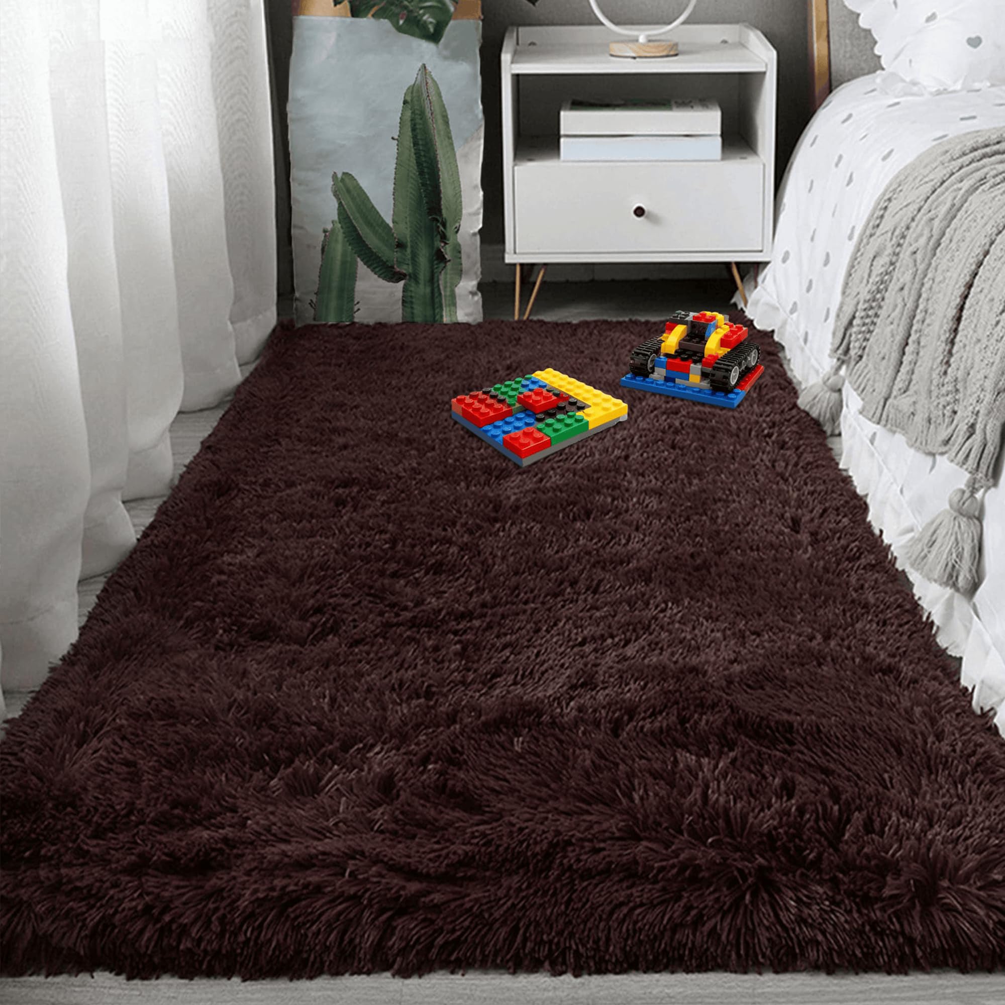 Tapis de salon shaggy ultra doux grand format en peluche brune