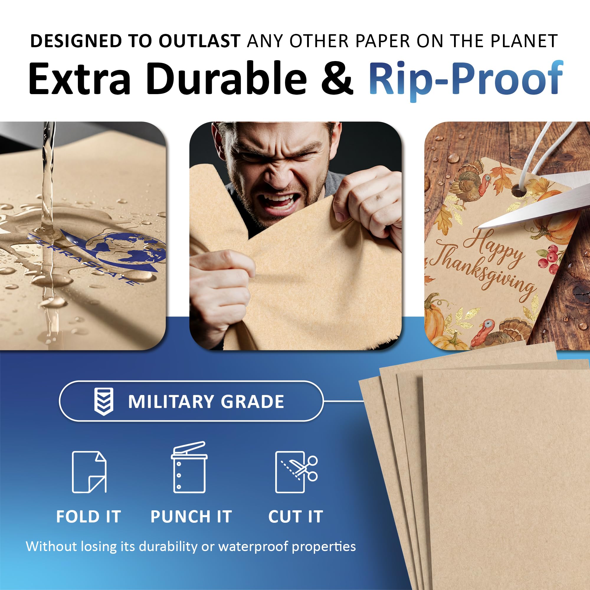 TerraSlate Papel | Papel kraft | Papel impermeable de 8.5 x 11 pulgadas | Papel de impresora láser, máquina de copiado y prensa digital, compatible con 25 hojas (8 mil TerraSlate (cubierta de 80