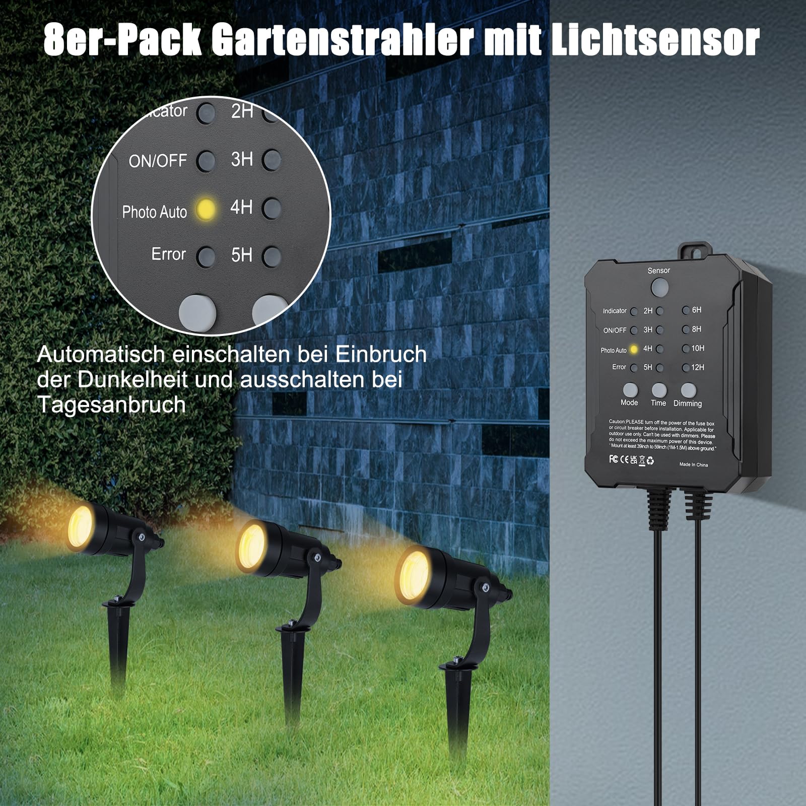 COOLWEST LED Gartenbeleuchtung mit Strom, 20M/8er Set Strahler mit Lichtsensor Warmweiß 3000K, Gartenstrahler Led Wasserdicht Außen IP65, 36V Gartenspots für Draußen, Terrasse, Einfahrt, Dimmbar