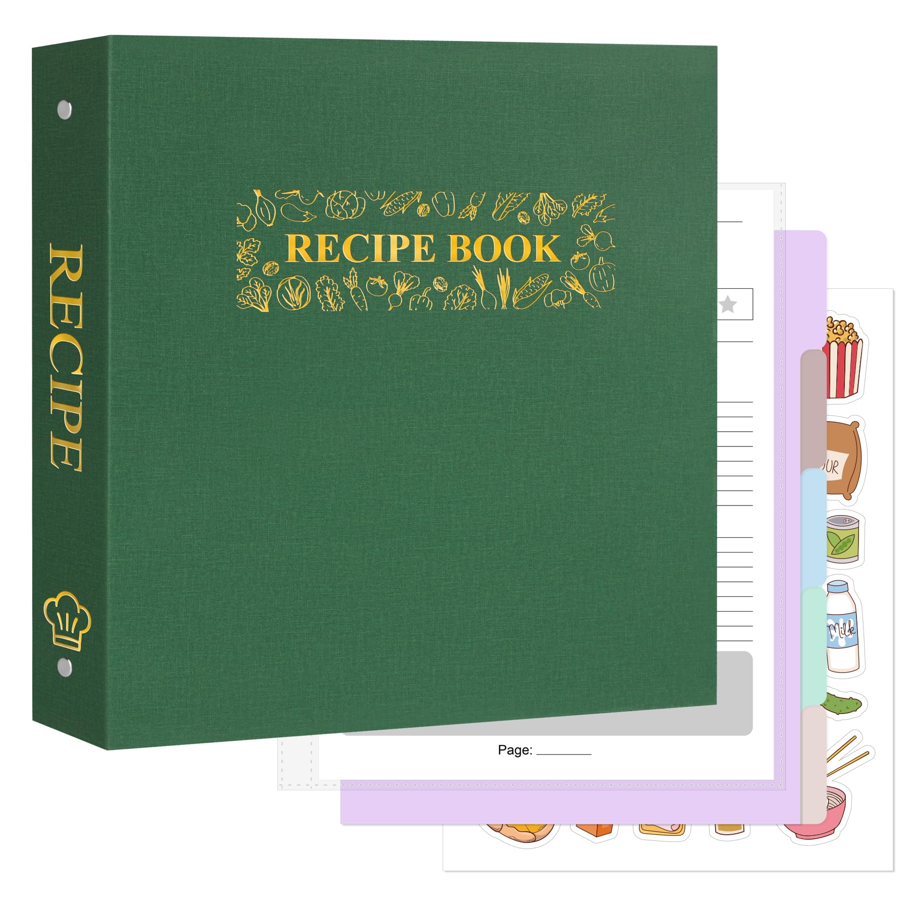 AKONEGE Raccoglitore per ricette 21,6 x 28 cm, set a 3 anelli, impermeabile, con 75 buste in plastica, 10 divisori, 100 biglietti per ricette, etichette e adesivi, libro di cucina con copertina rigida